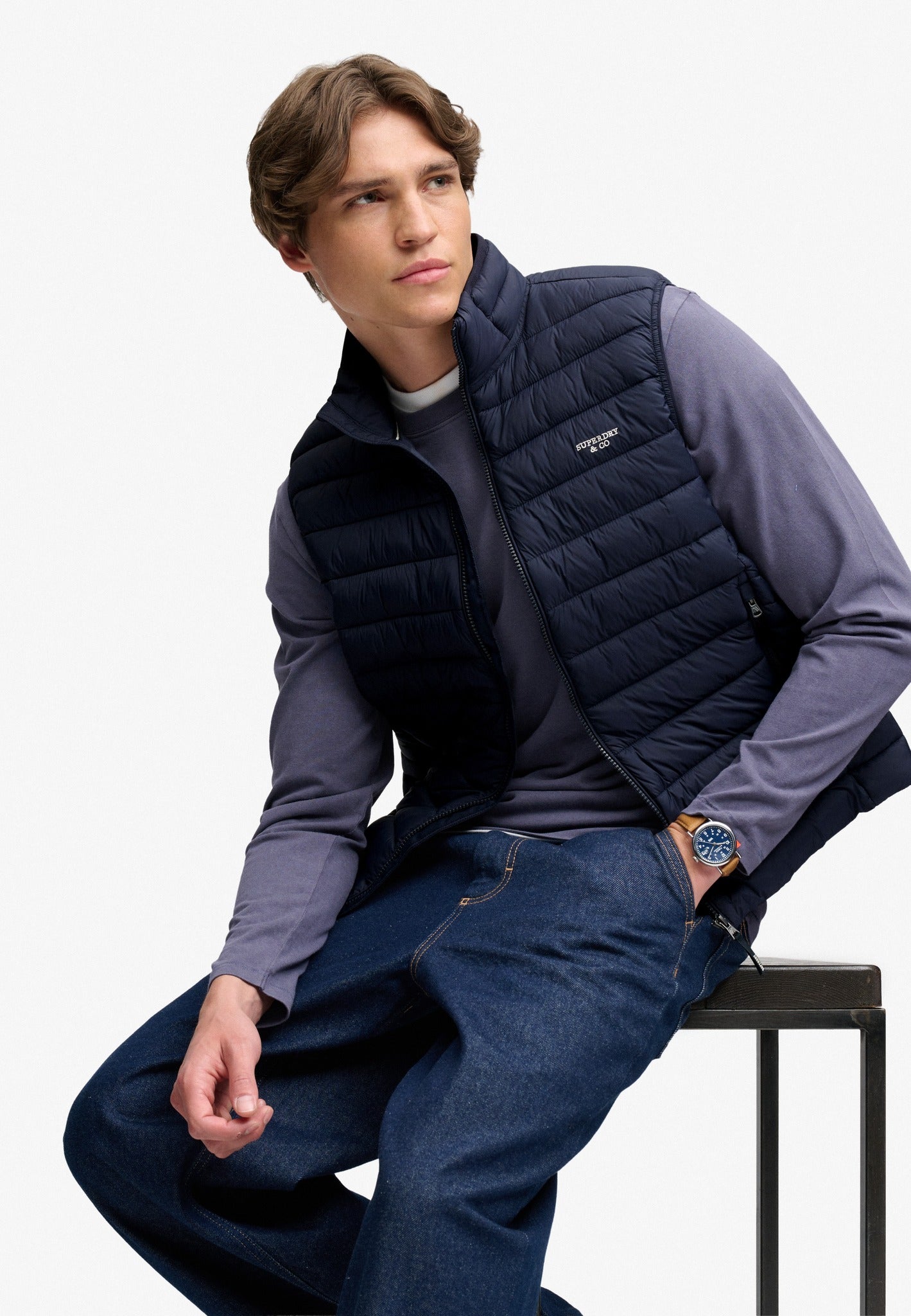 Superdry Fuji Lite Padded Gilet in Eclipse Navy seated view
