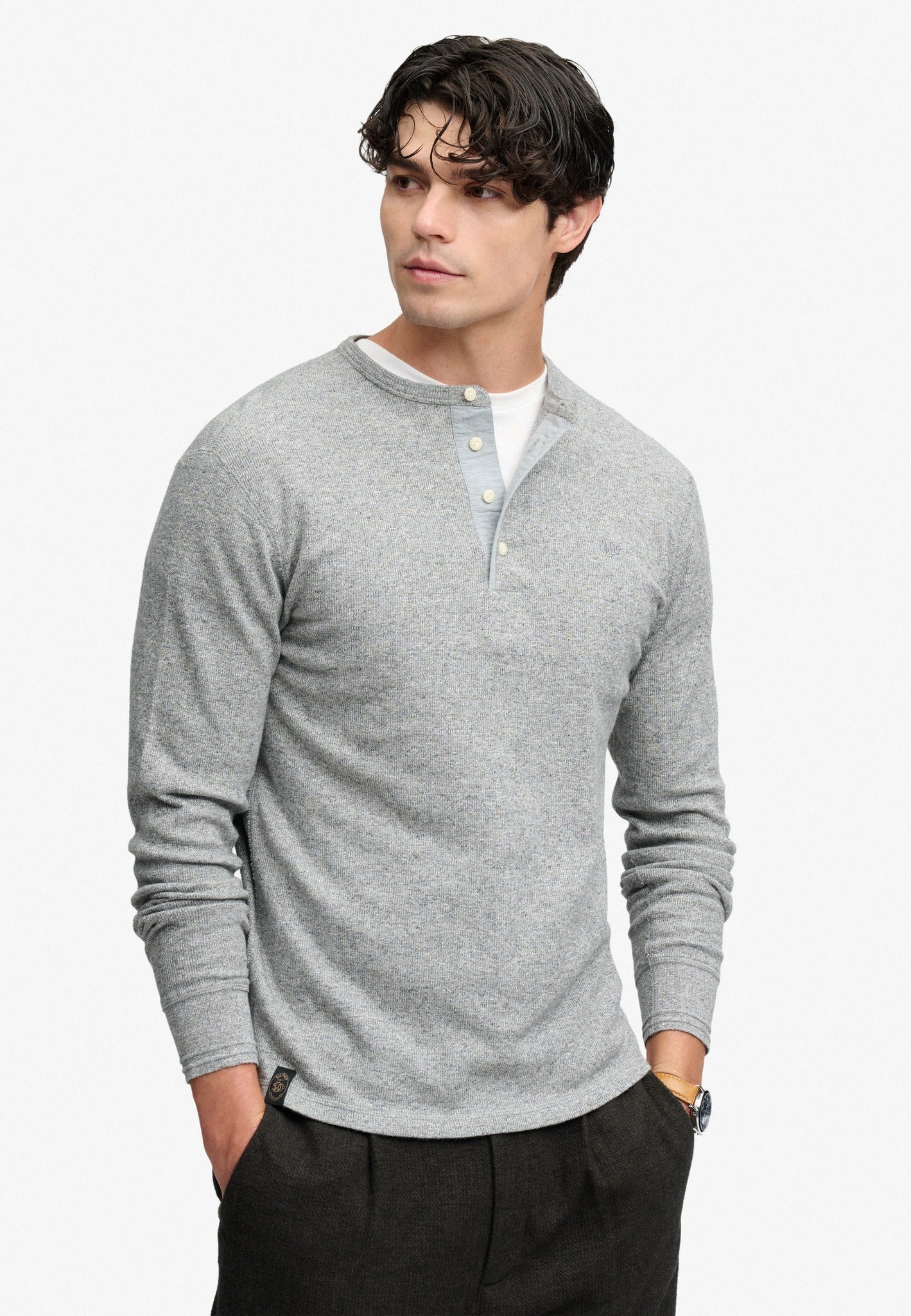 Superdry grey grit marl long sleeve grandad top on model