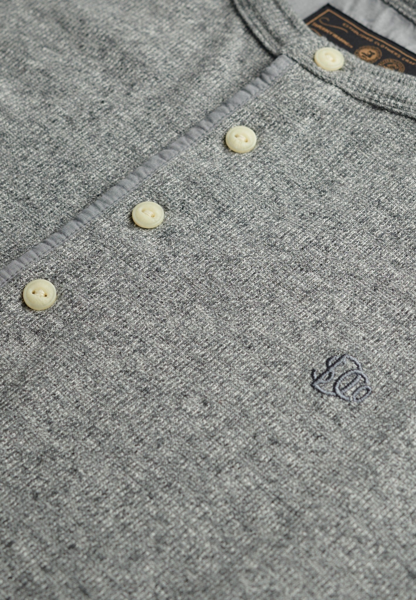 Superdry grey grit marl long sleeve grandad top button placket detail
