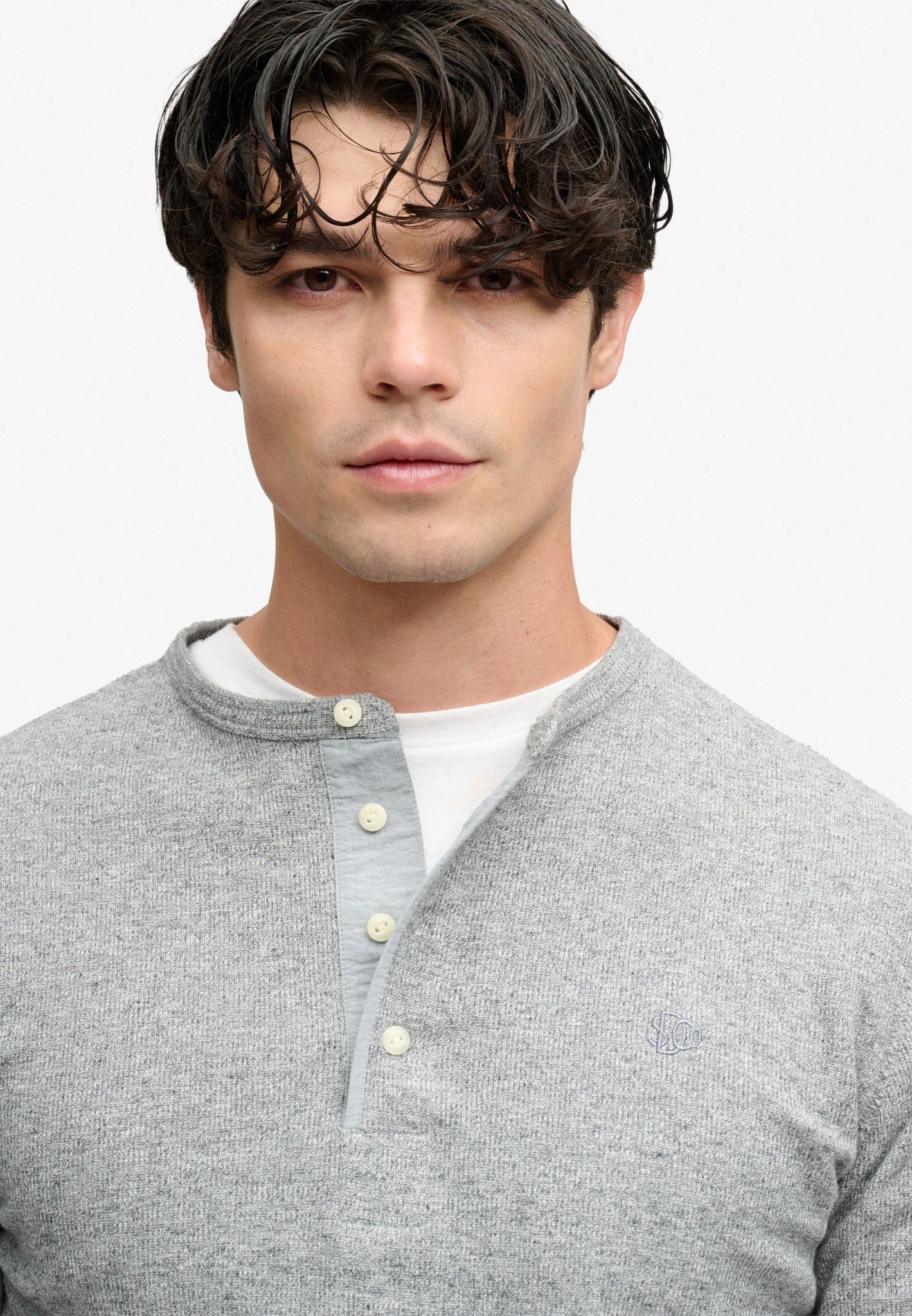 Superdry grey grit marl long sleeve grandad top model close-up