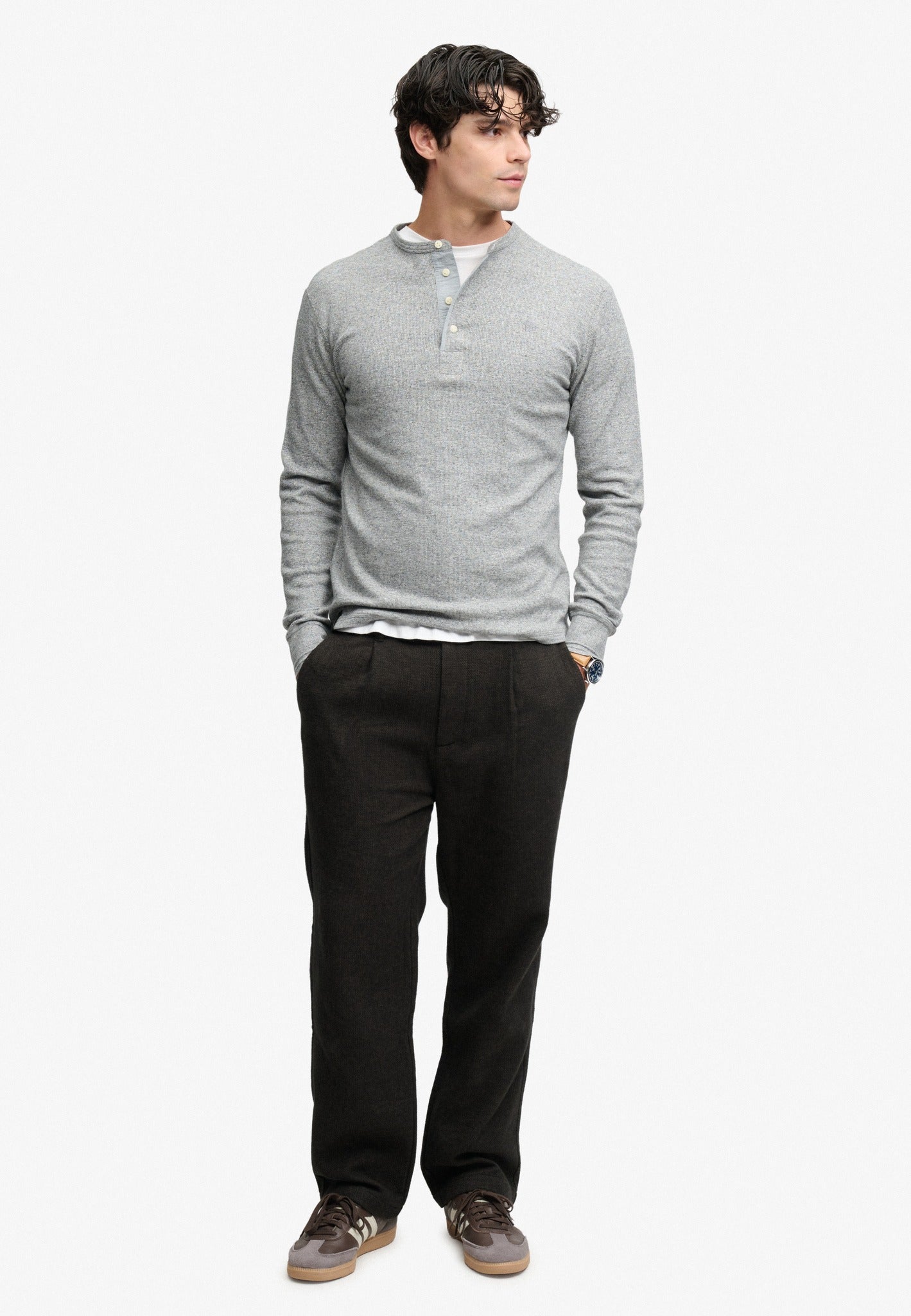Superdry grey grit marl long sleeve grandad top full-length model view