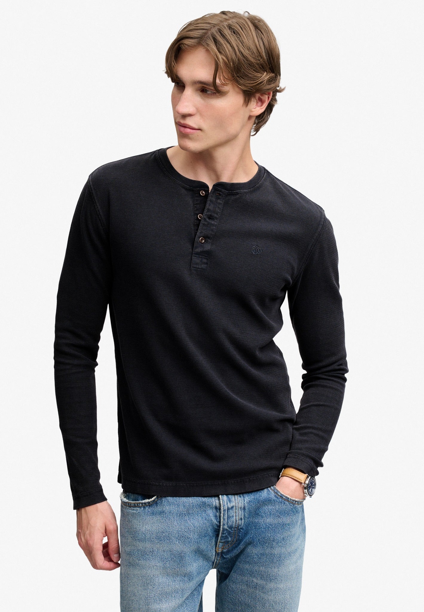Superdry Waffle Long Sleeve Henley Top in French Blue angled view on model