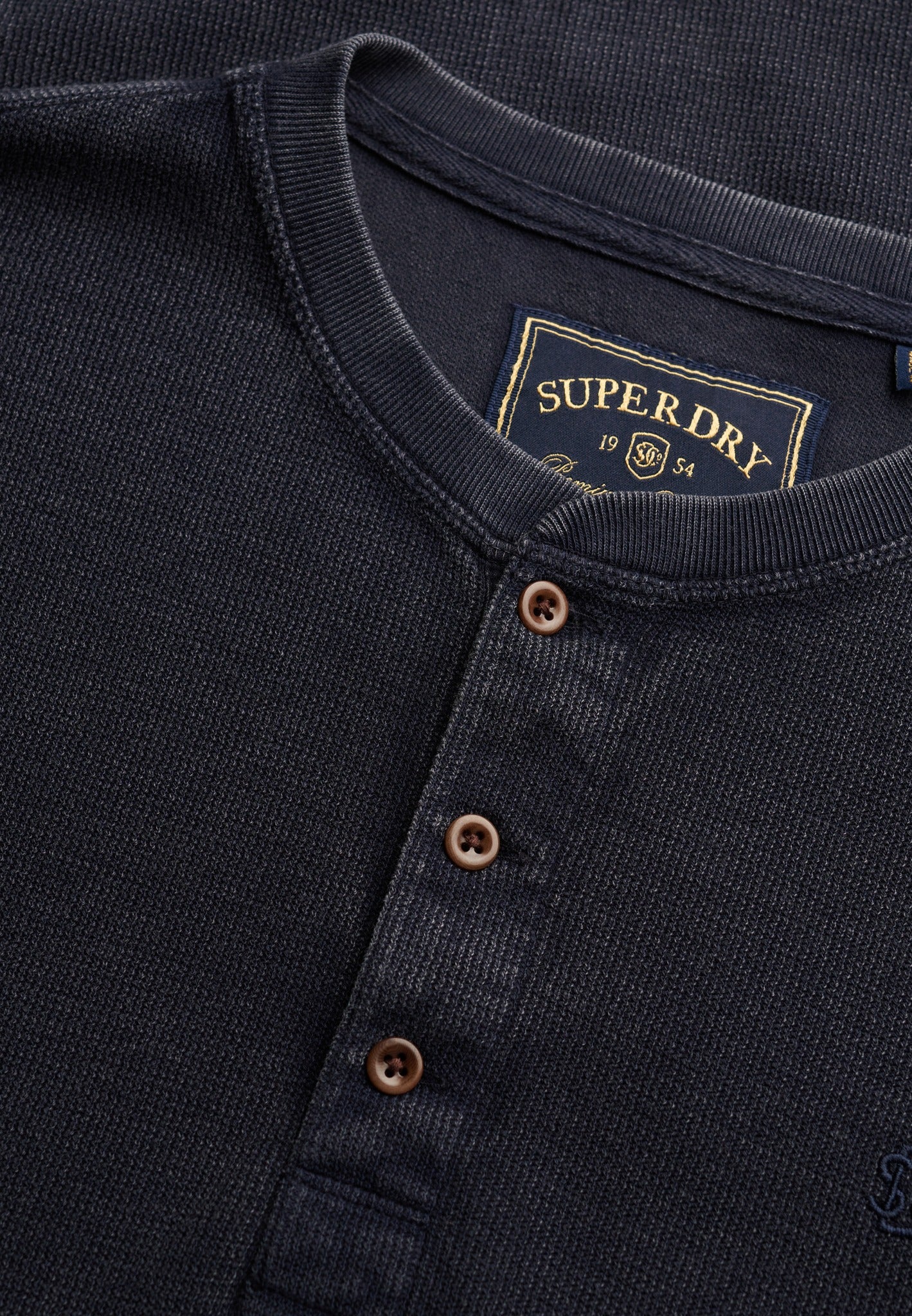 Superdry Waffle Long Sleeve Henley Top in French Blue button placket detail