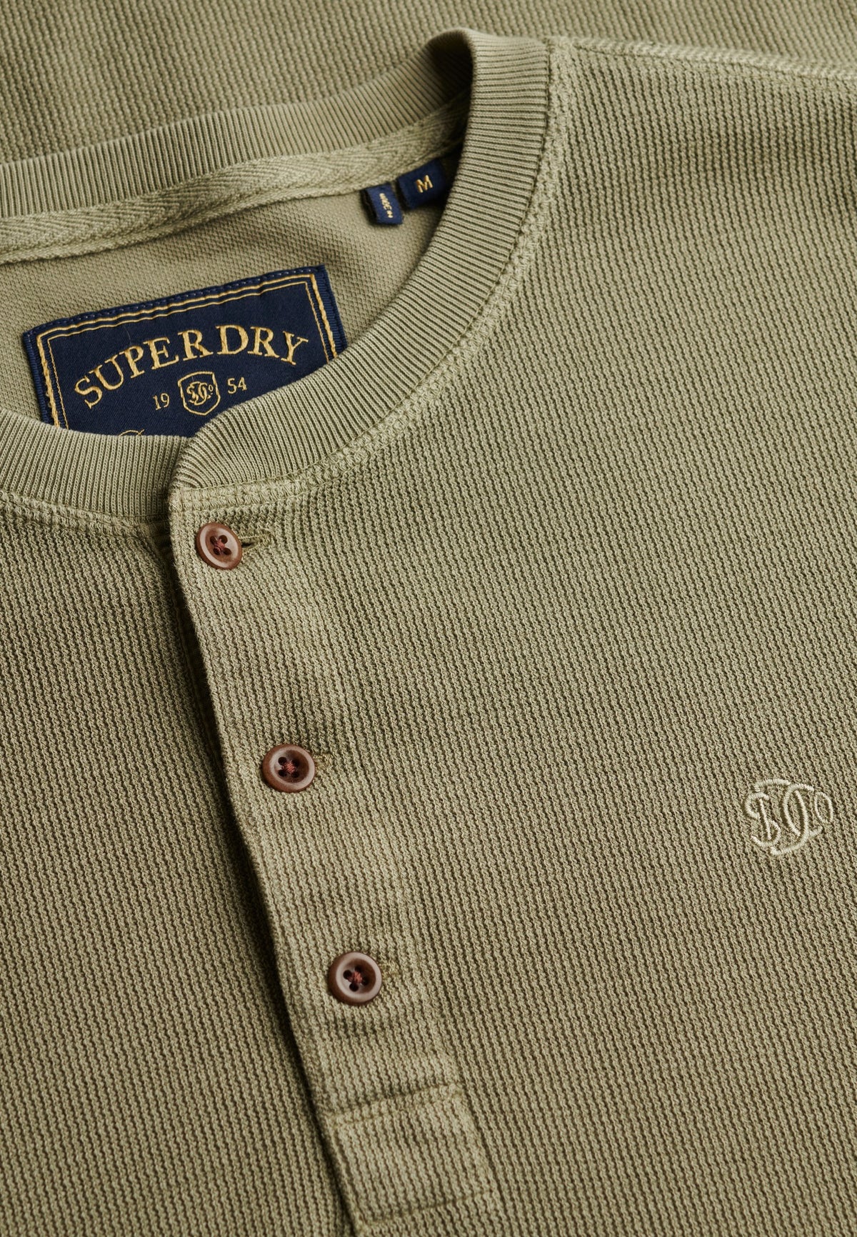 Superdry Waffle Long Sleeve Henley Top in Light Khaki Green button placket detail