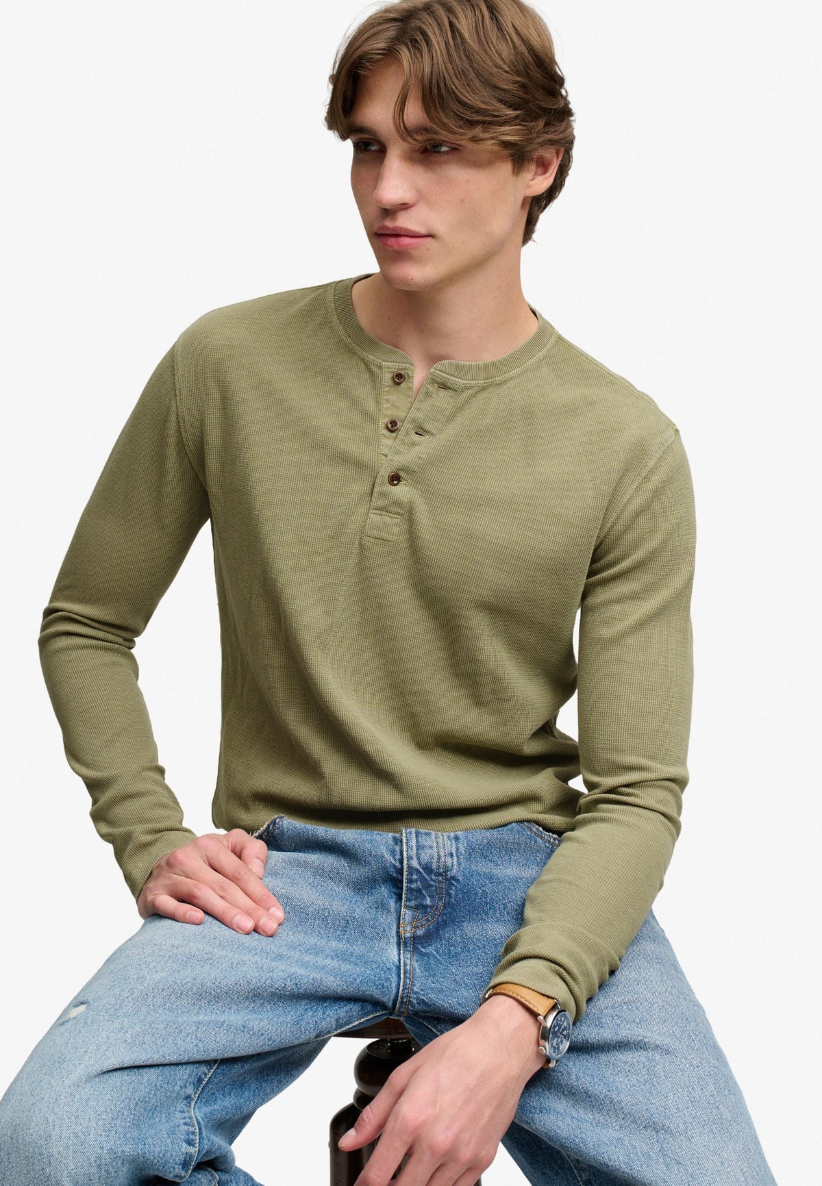 Superdry Waffle Long Sleeve Henley Top in Light Khaki Green seated view