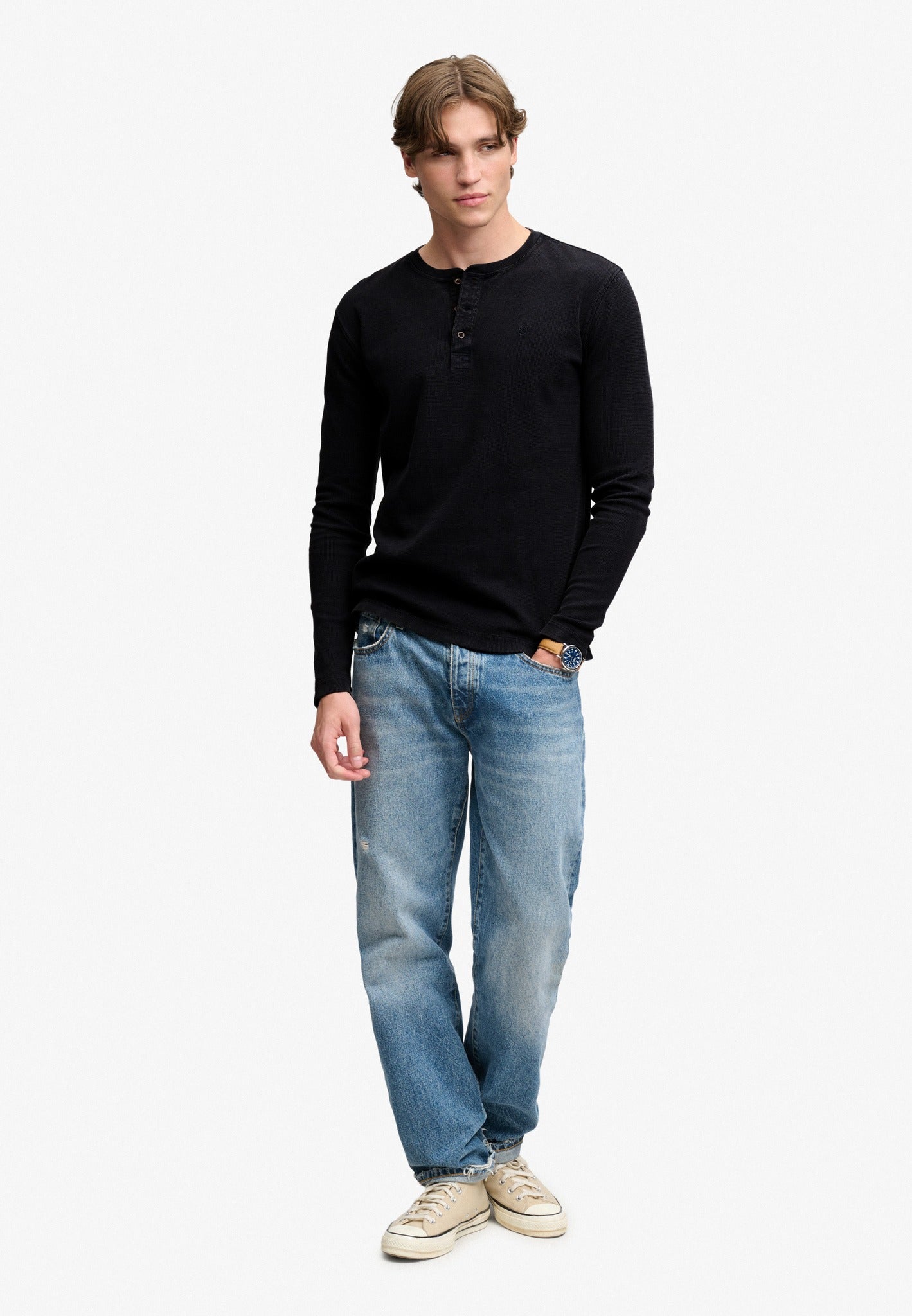 Superdry Waffle Long Sleeve Henley Top in French Blue full length view
