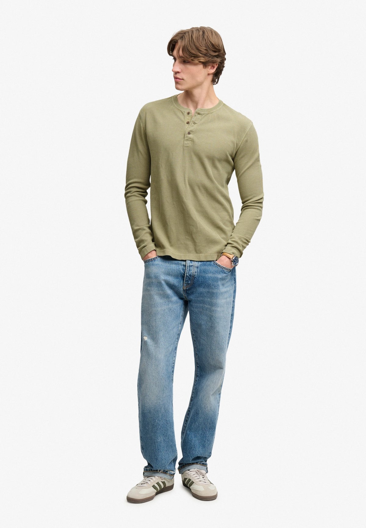 Superdry Waffle Long Sleeve Henley Top in Light Khaki Green full length view