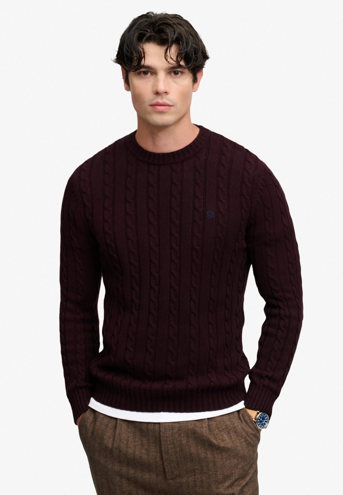 Superdry Cotton Cable Knit Crew in Winter Port front view
