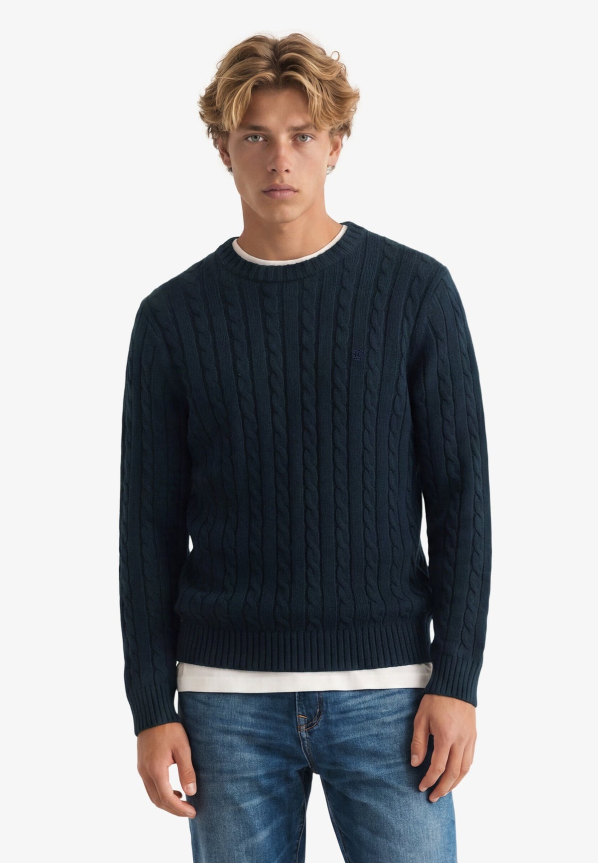 Superdry Cotton Cable Knit Crew in Eclipse Navy front view