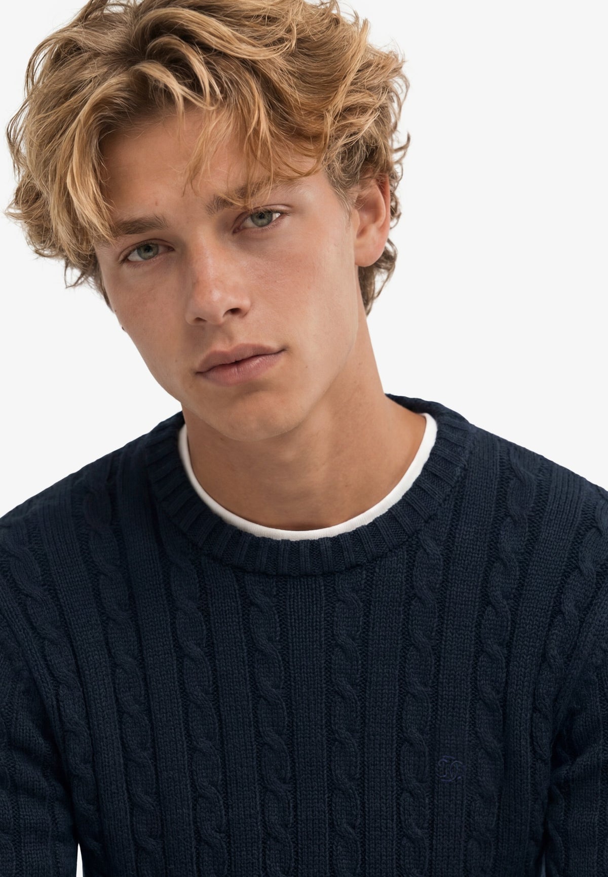 Superdry Cotton Cable Knit Crew in Eclipse Navy c- close up view