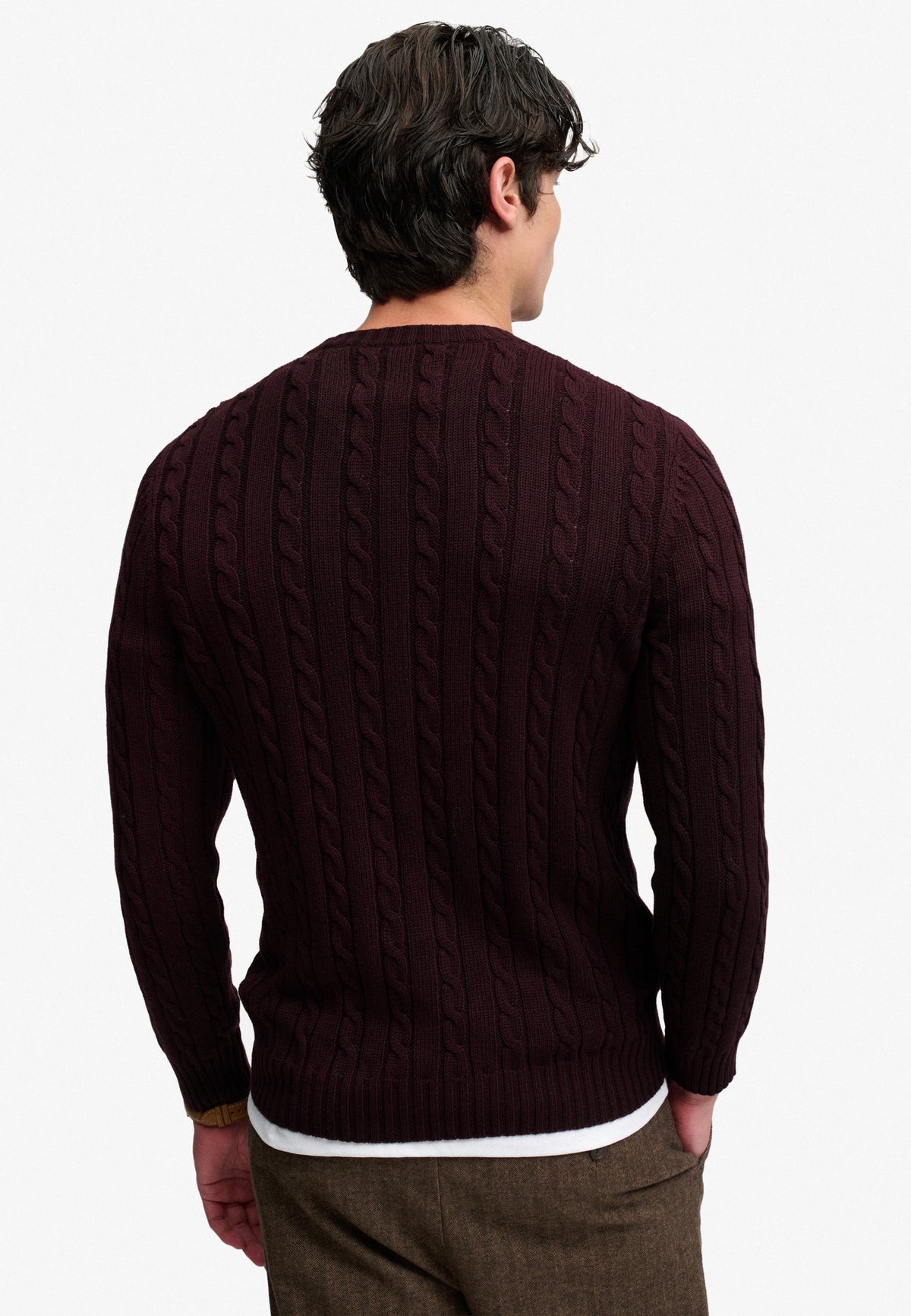 Superdry Cotton Cable Knit Crew in Winter Port back view on model