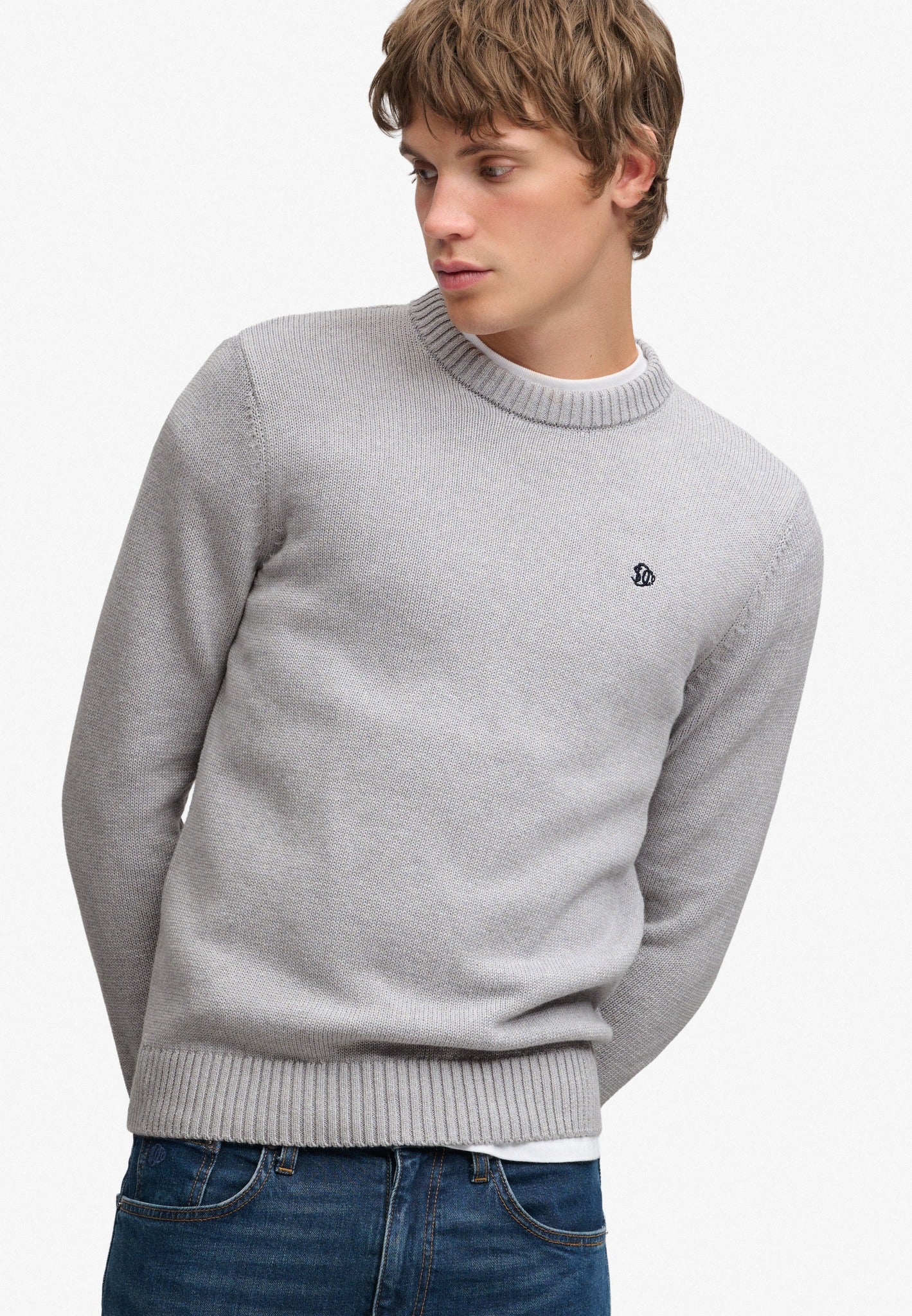 Superdry Preppy Cotton Jumper in Elkstone Grey angled view on model