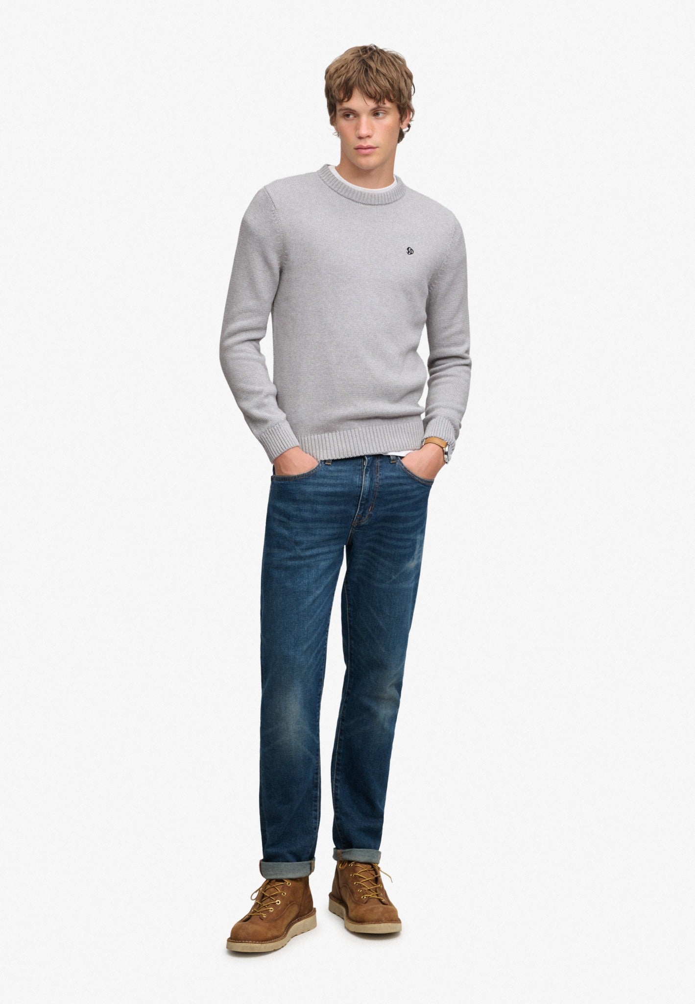 Superdry Preppy Cotton Jumper in Elkstone Grey full length view