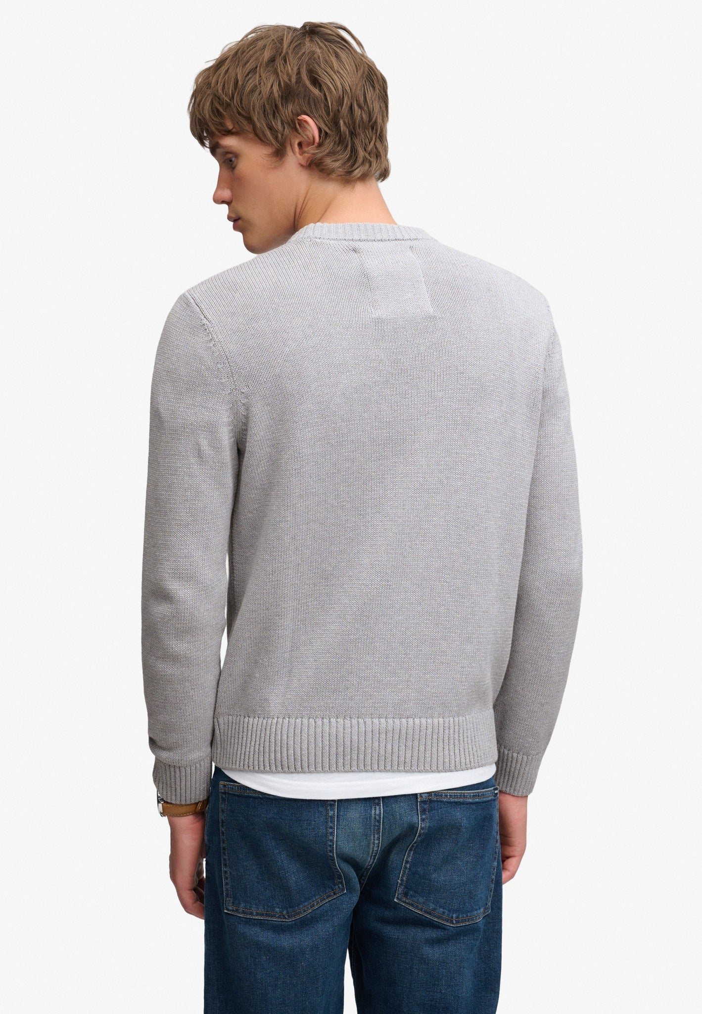 Superdry Preppy Cotton Jumper in Elkstone Grey back view on model