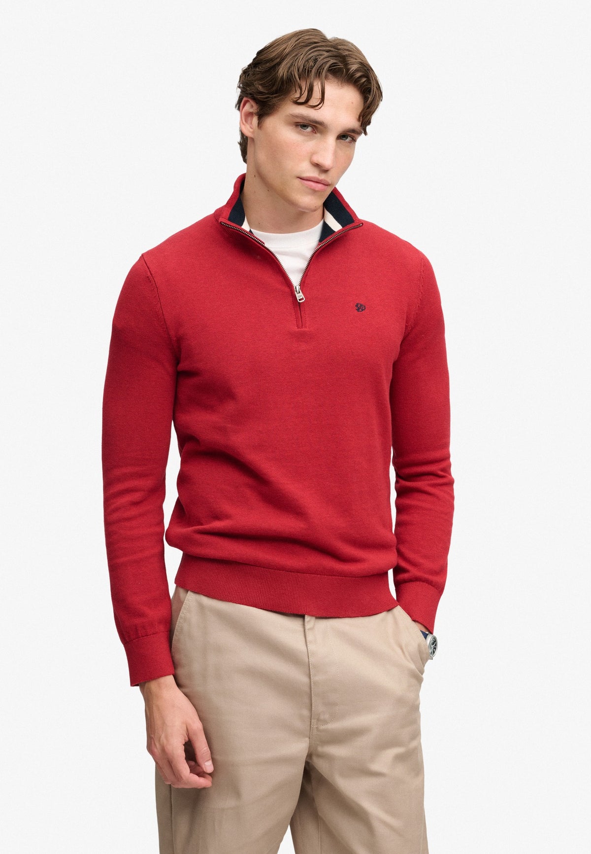 Superdry Prep Essential Cotton Half Zip in Crimson Red Marl on model