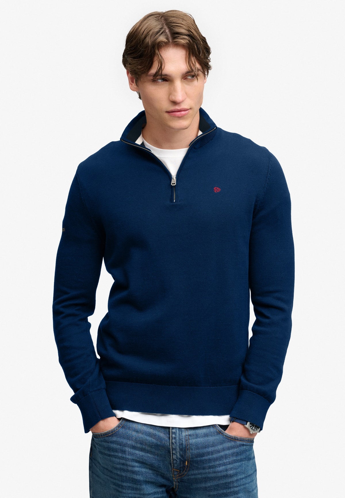 Superdry Prep Essential Cotton Half Zip in Pilot Blue Marl on model