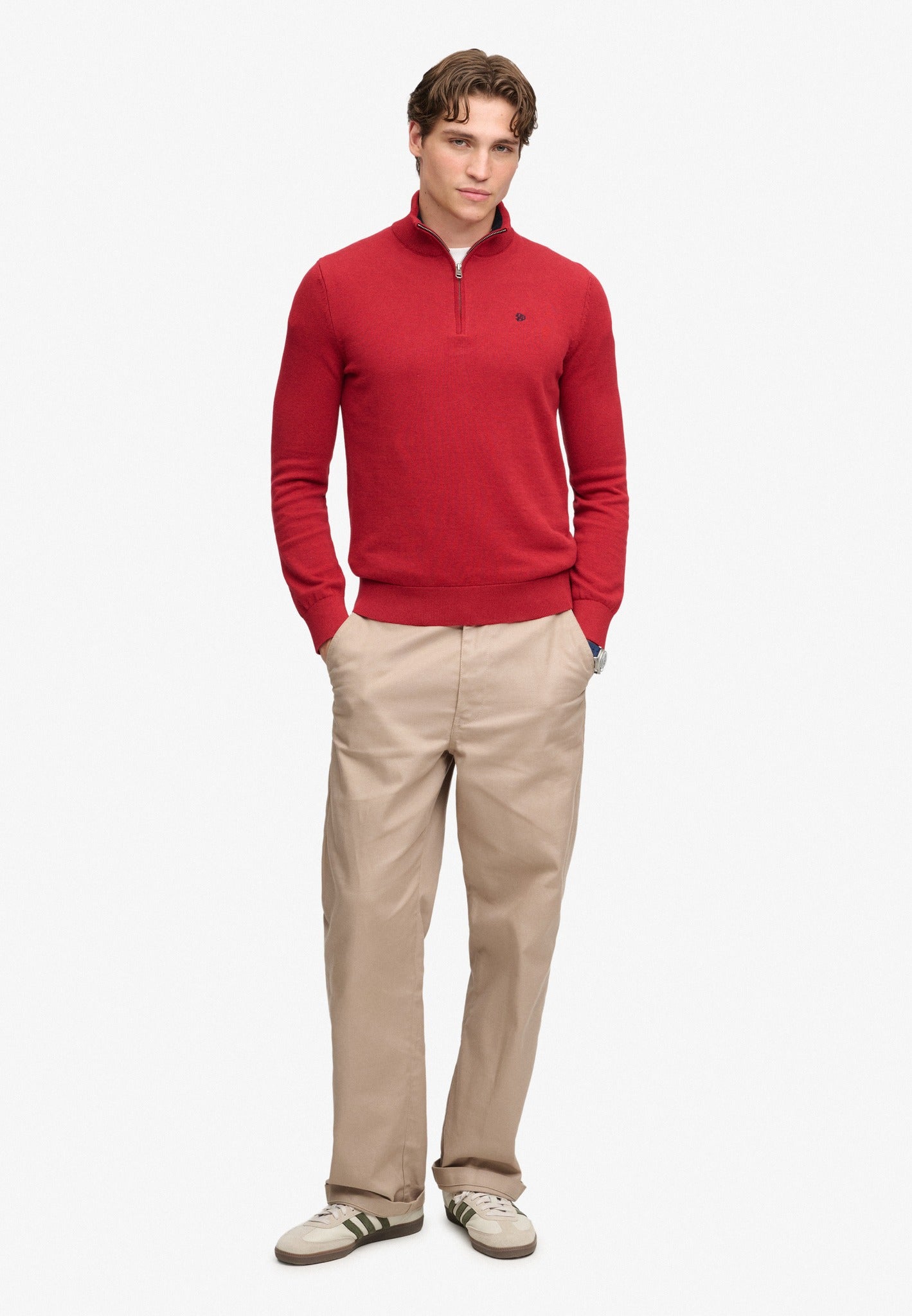Superdry Prep Essential Cotton Half Zip in Crimson Red Marl full length view