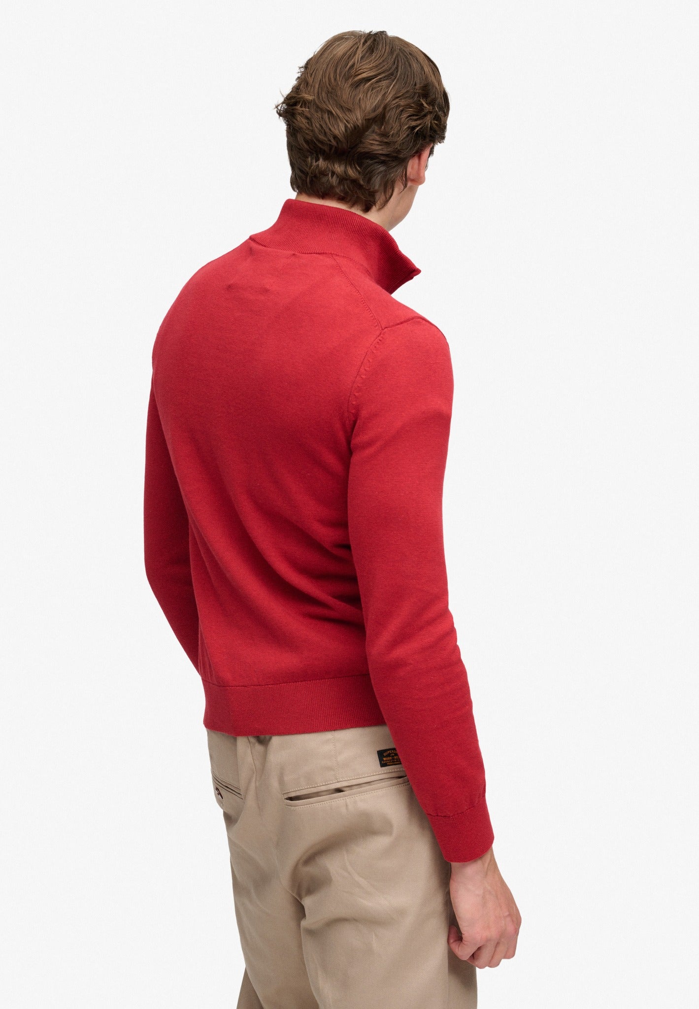 Superdry Prep Essential Cotton Half Zip in Crimson Red Marl back view on model