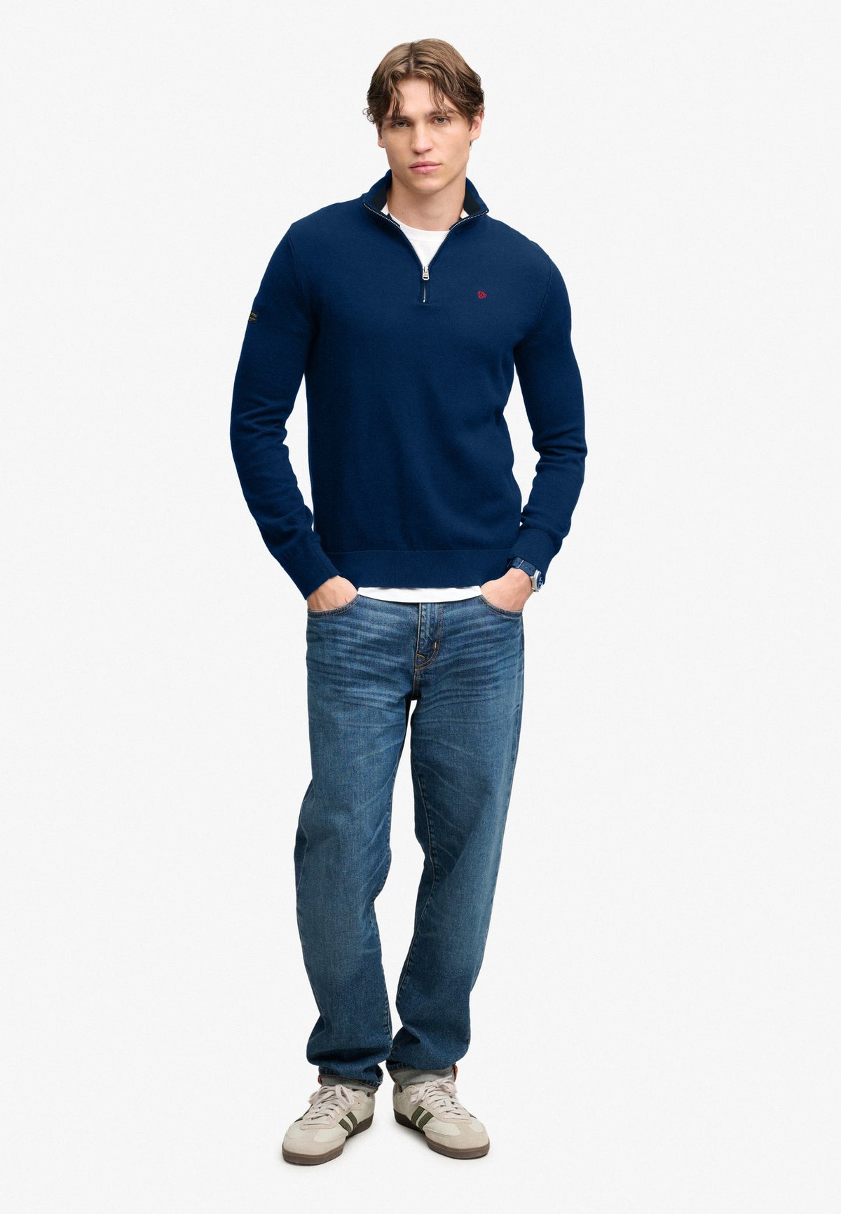 Superdry Prep Essential Cotton Half Zip in Pilot Blue Marl full length view