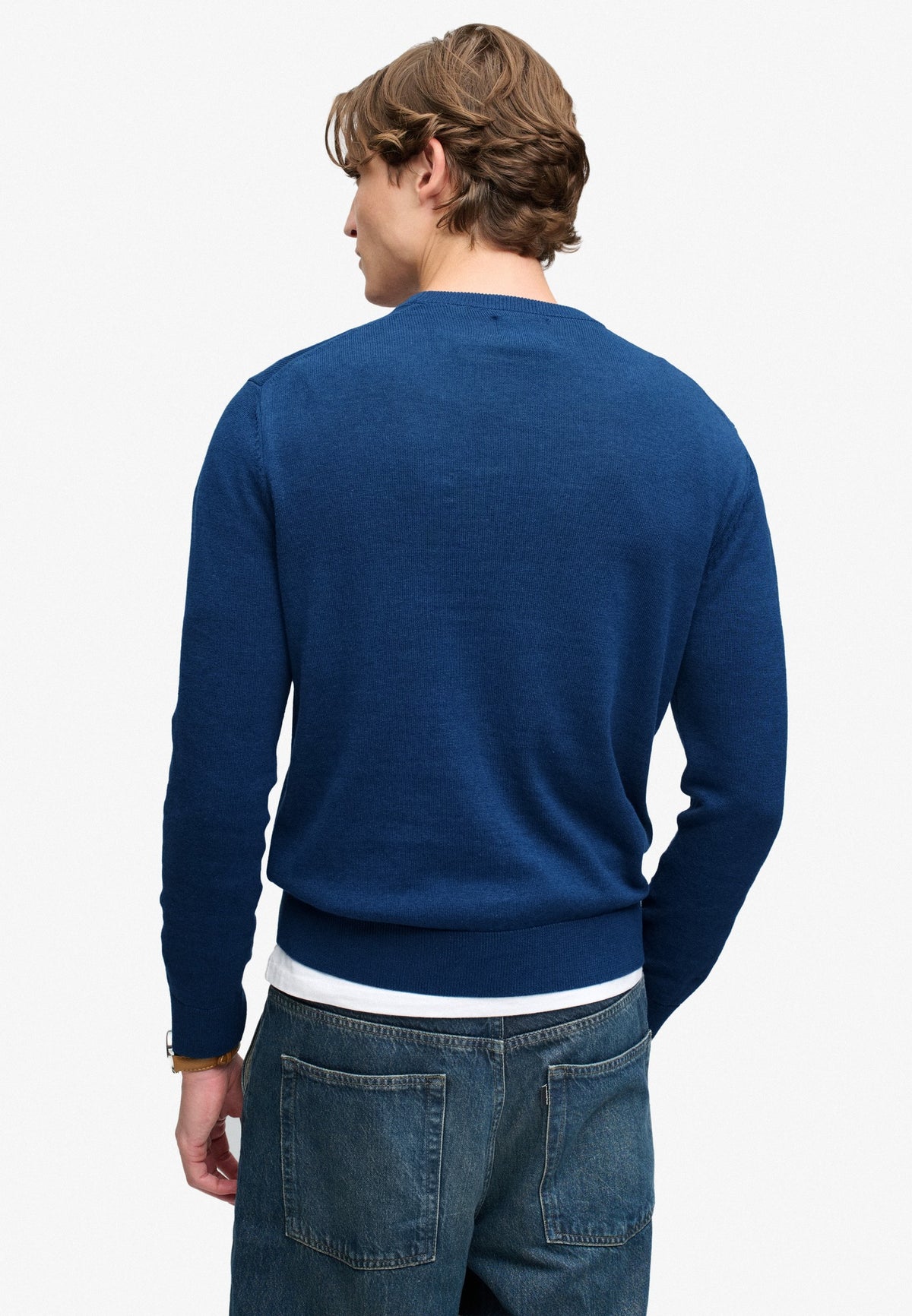 Superdry Prep Essential Cotton Jumper in Pilot Blue Marl back view on model