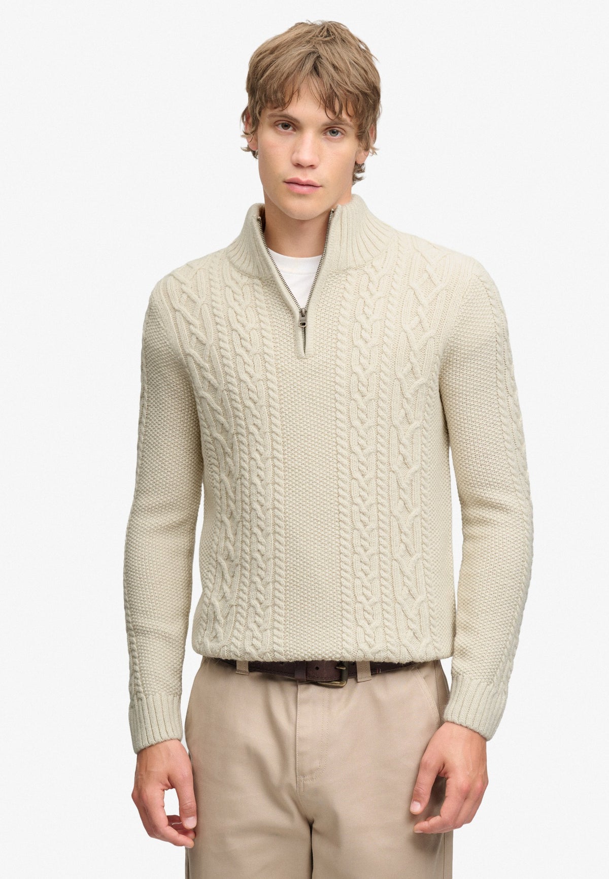 Superdry Jacob Cable Half Zip Knit in Ecru on model