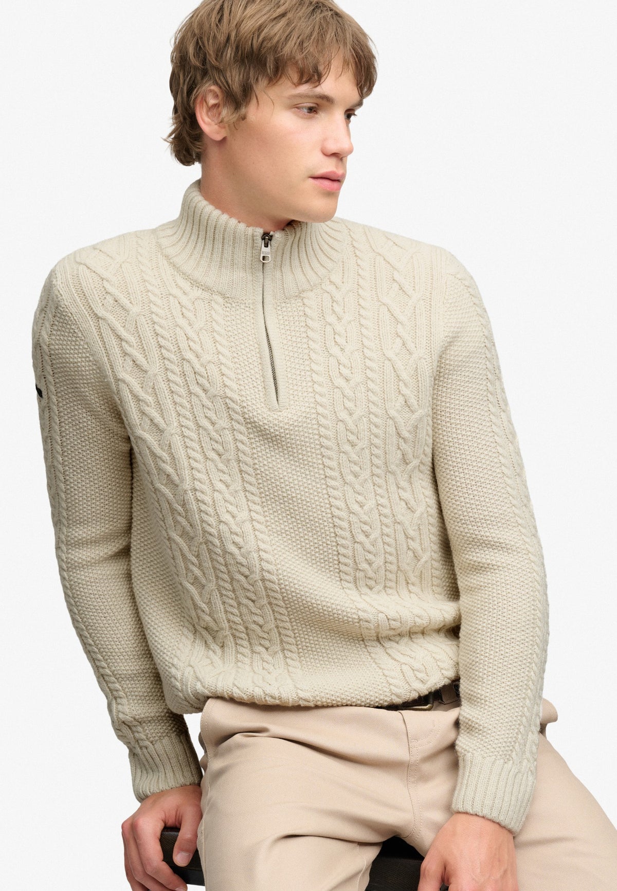 Superdry Jacob Cable Half Zip Knit in Ecru seated view