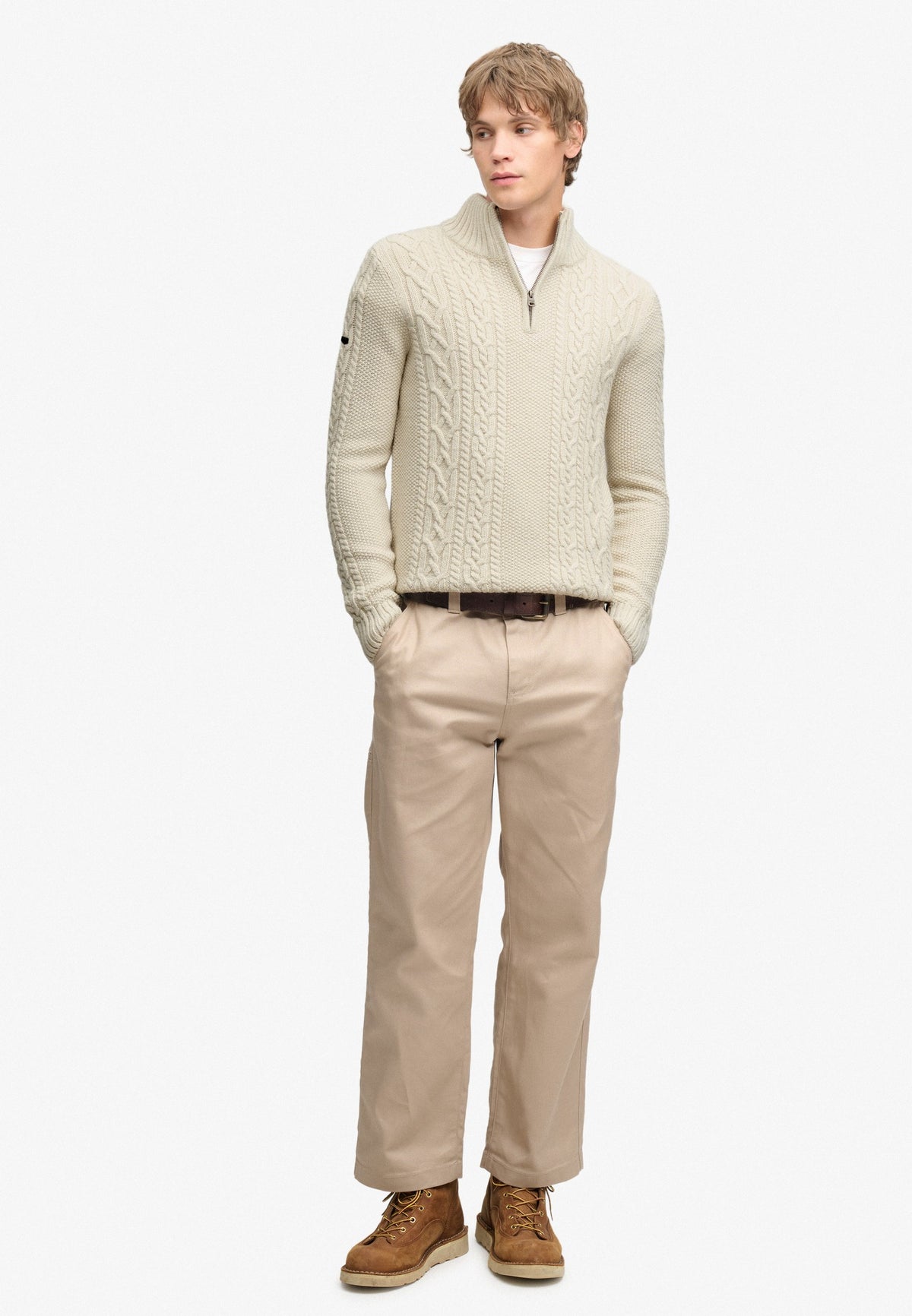 Superdry Jacob Cable Half Zip Knit in Ecru full length view