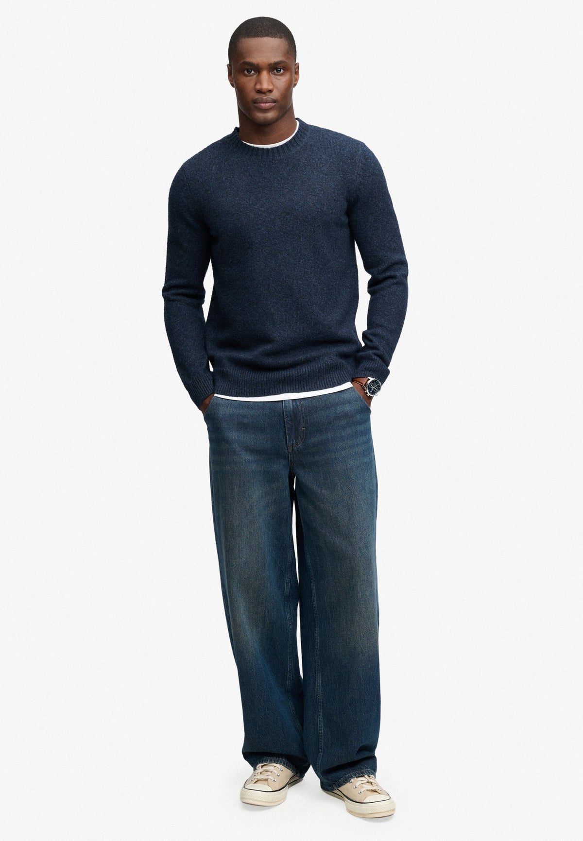 Superdry Brushed Knitted Jumper in Dark Navy Fleck full length view