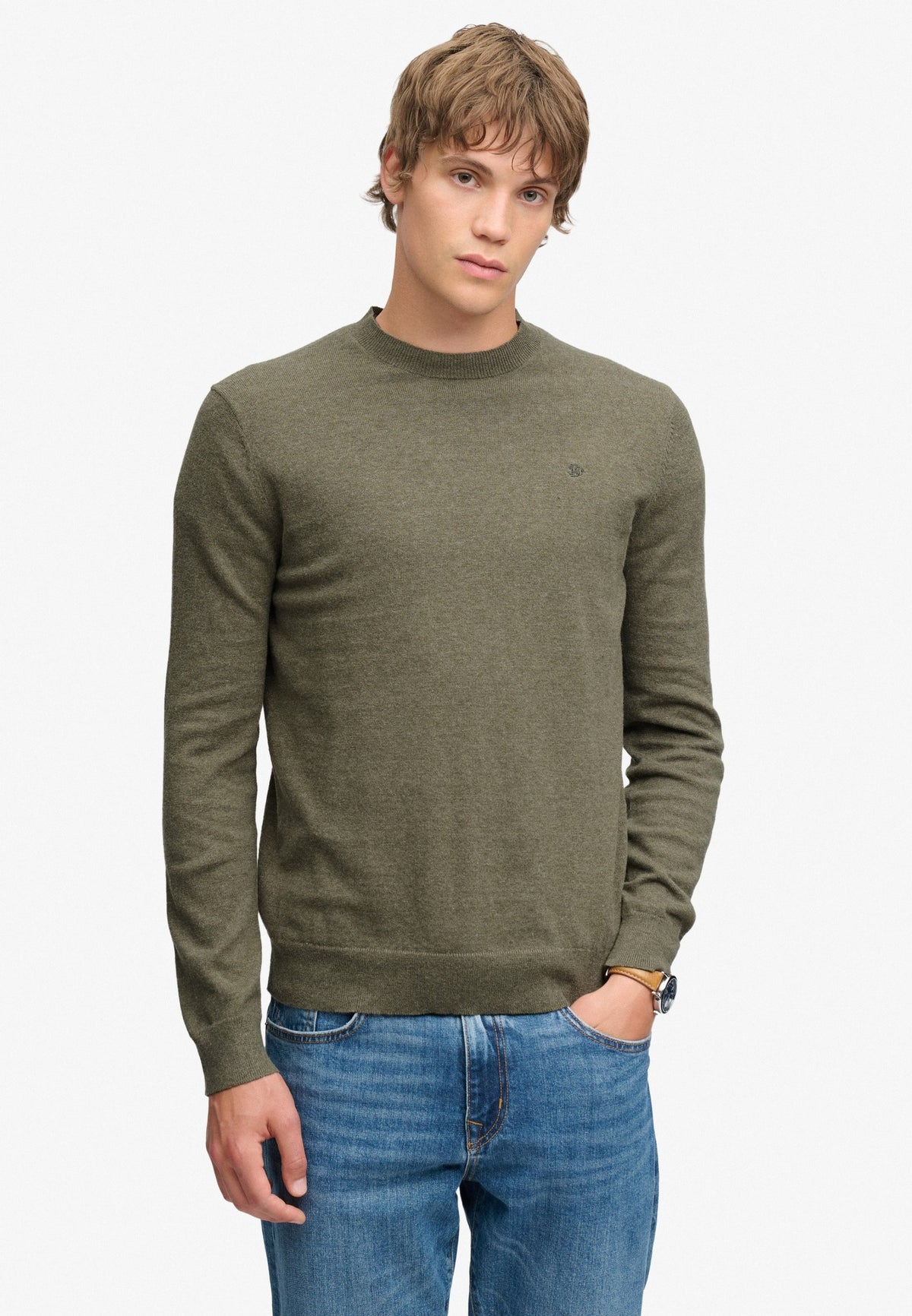 Superdry Essential Lightweight Wool Blend Jumper in Lichen Green Marl on model