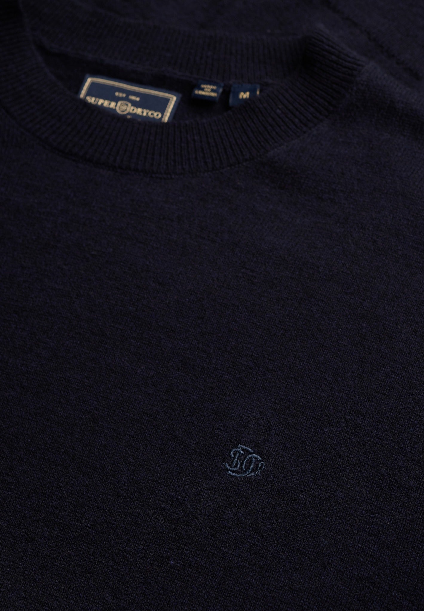 Superdry Essential Lightweight Wool Blend Jumper in Deepest Navy collar detail