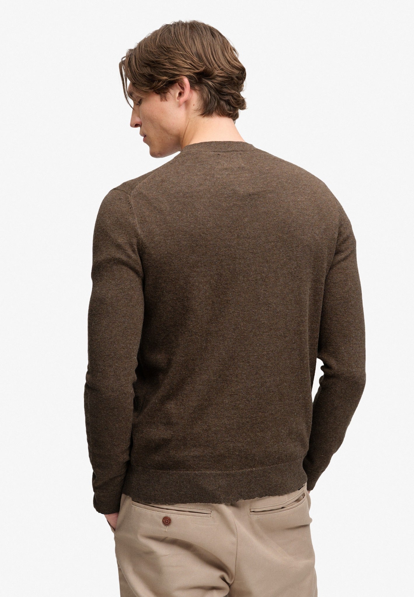 Superdry Essential Lightweight Wool Blend Jumper in Biscuit Brown Marl back model view