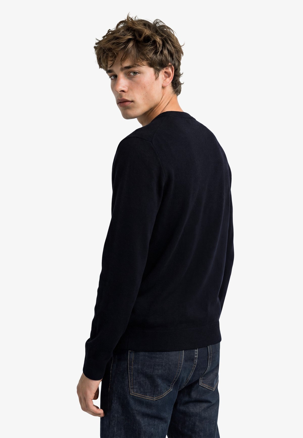 Superdry Essential Lightweight Wool Blend Jumper in Deepest Navy back view on model