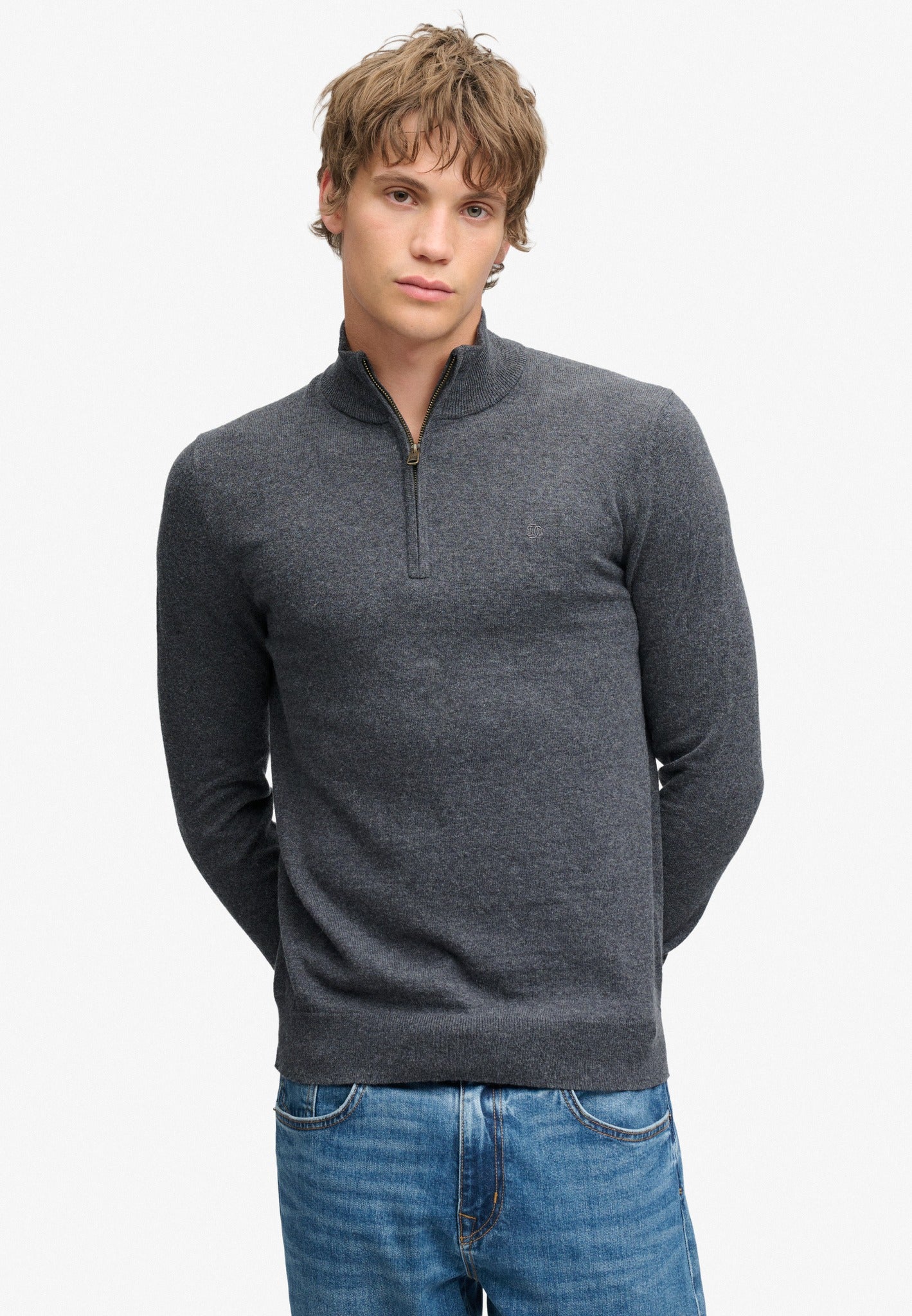 Superdry Essential Lightweight Wool Blend Half Zip Jumper in Iron Grey Marl front model view