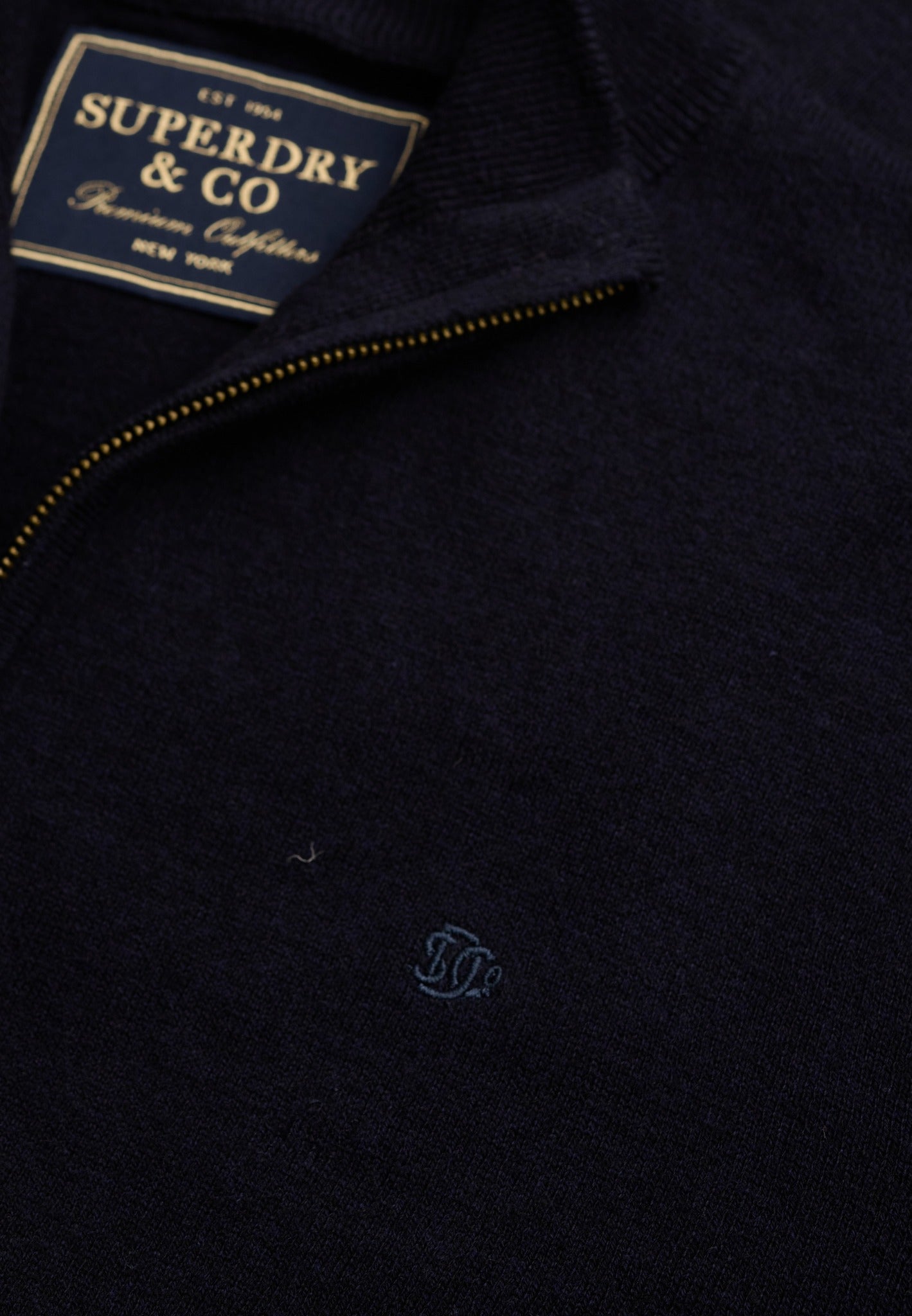 Superdry Essential Lightweight Wool Blend Half Zip Jumper in Deepest Navy half zip detail