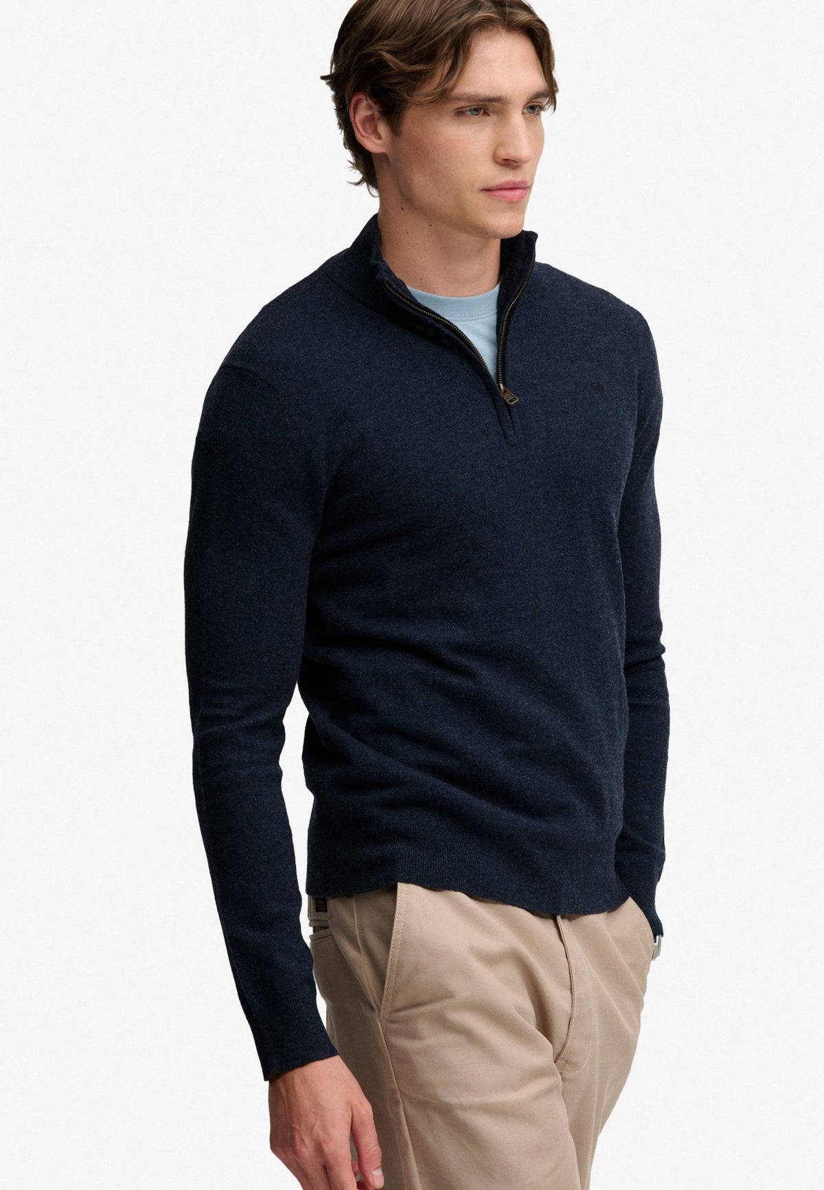 Superdry Essential Lightweight Wool Blend Half Zip Jumper in Rich Navy Marl upper body view
