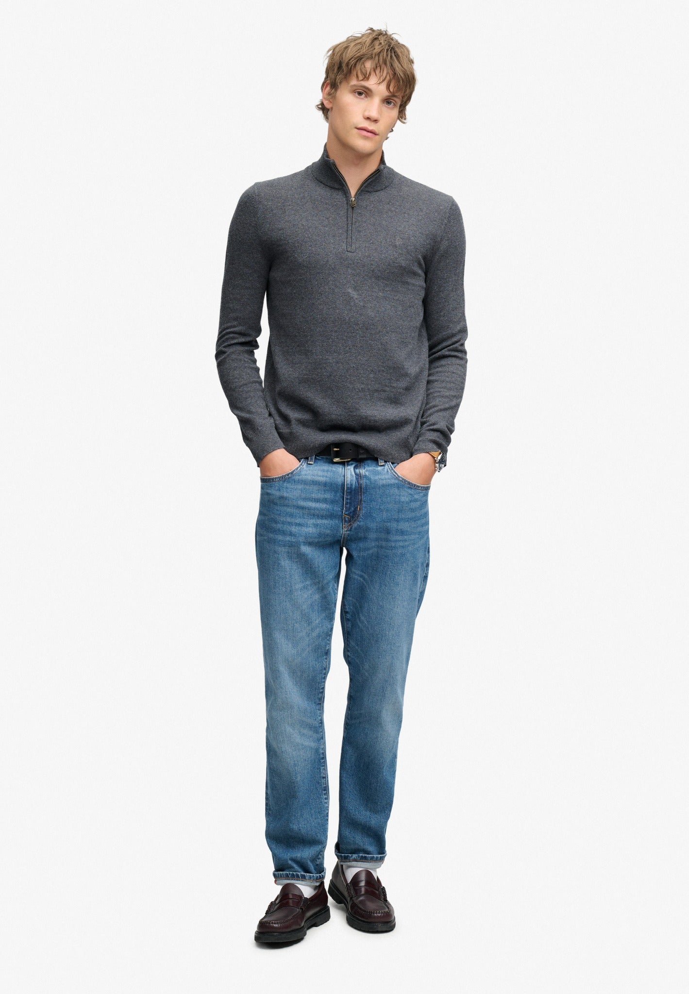 Superdry Essential Lightweight Wool Blend Half Zip Jumper in Iron Grey Marl full length model view
