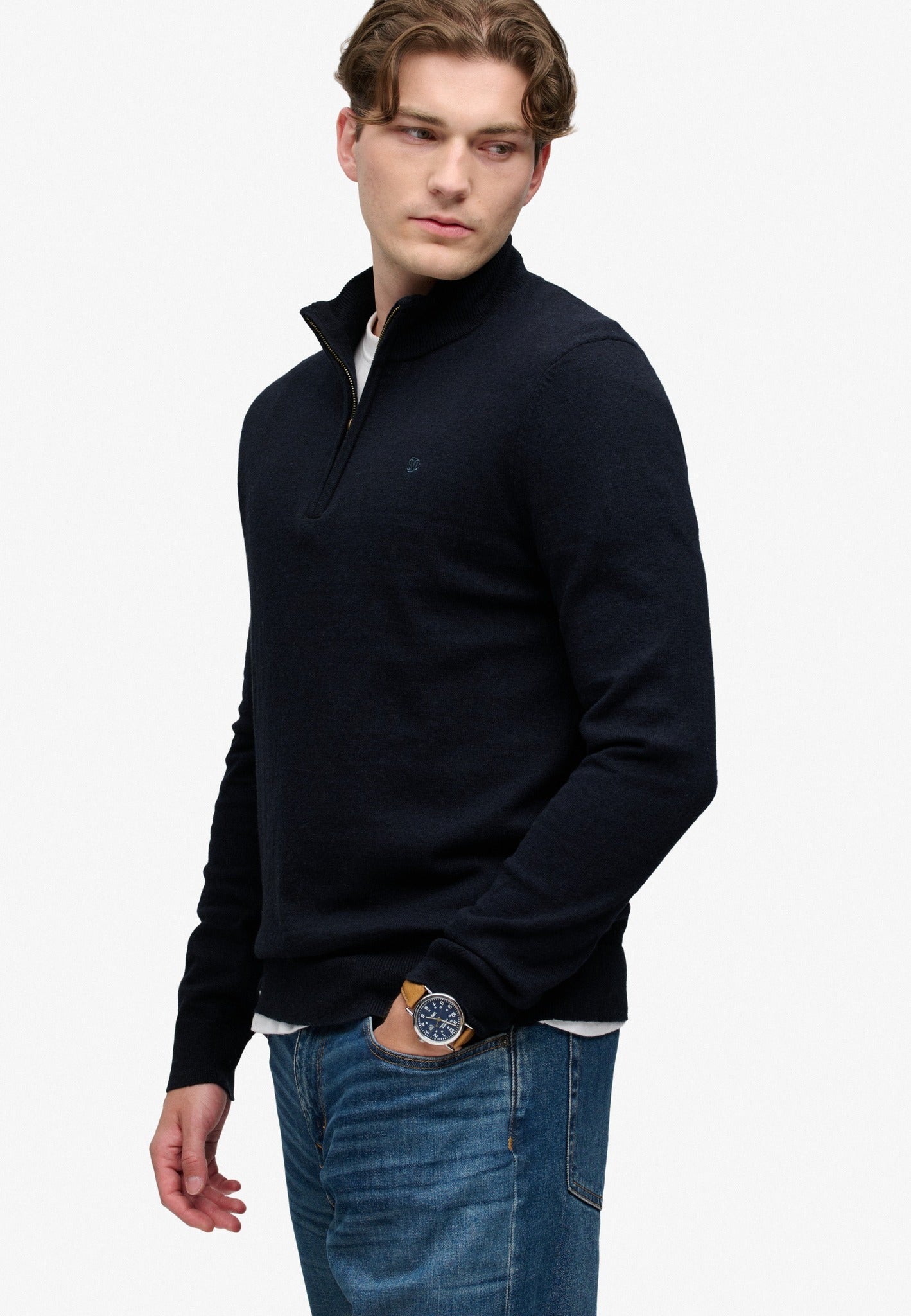 Superdry Essential Lightweight Wool Blend Half Zip Jumper in Deepest Navy angled model view