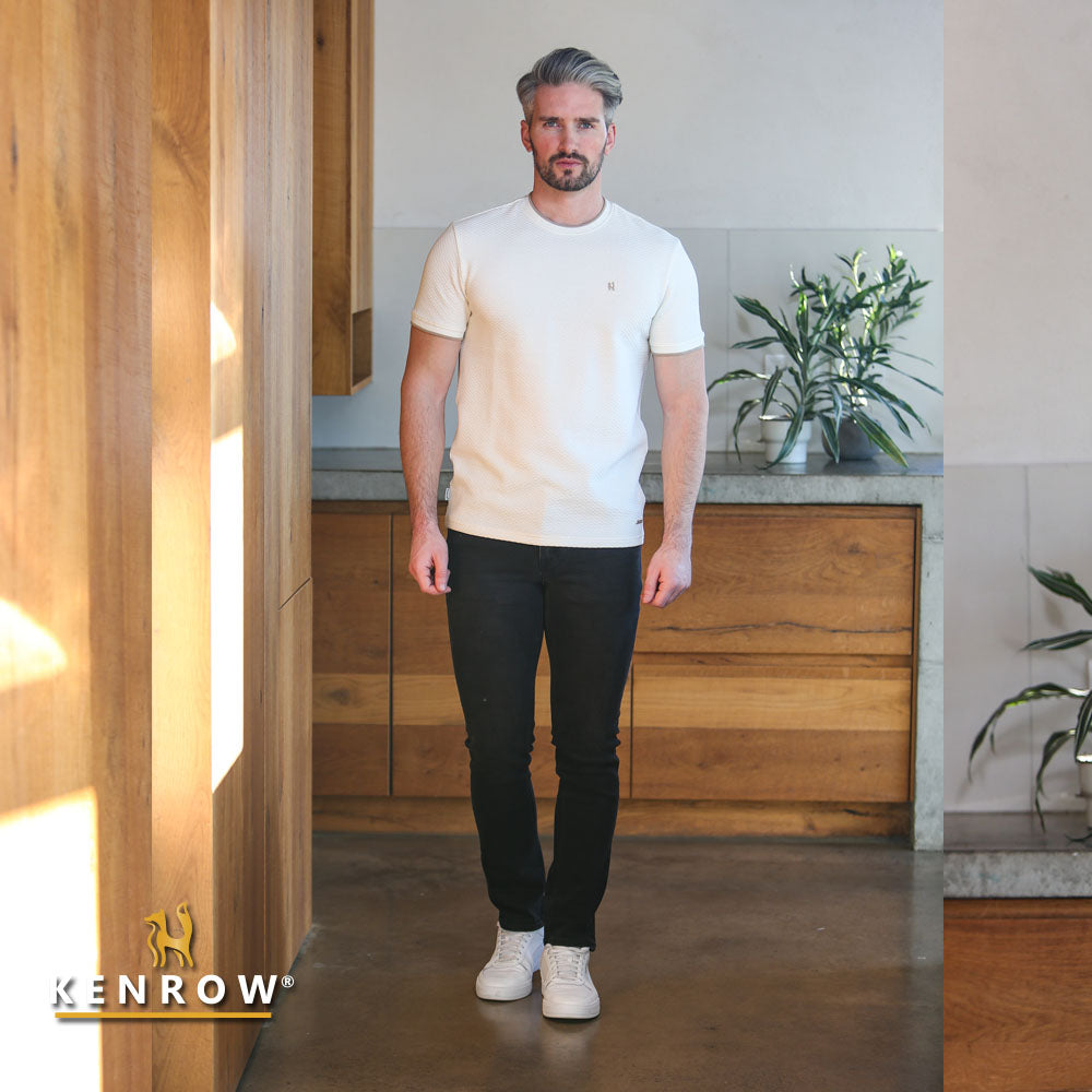 Men's Matty Short Sleeve Cream Tee-Model Full Front View
