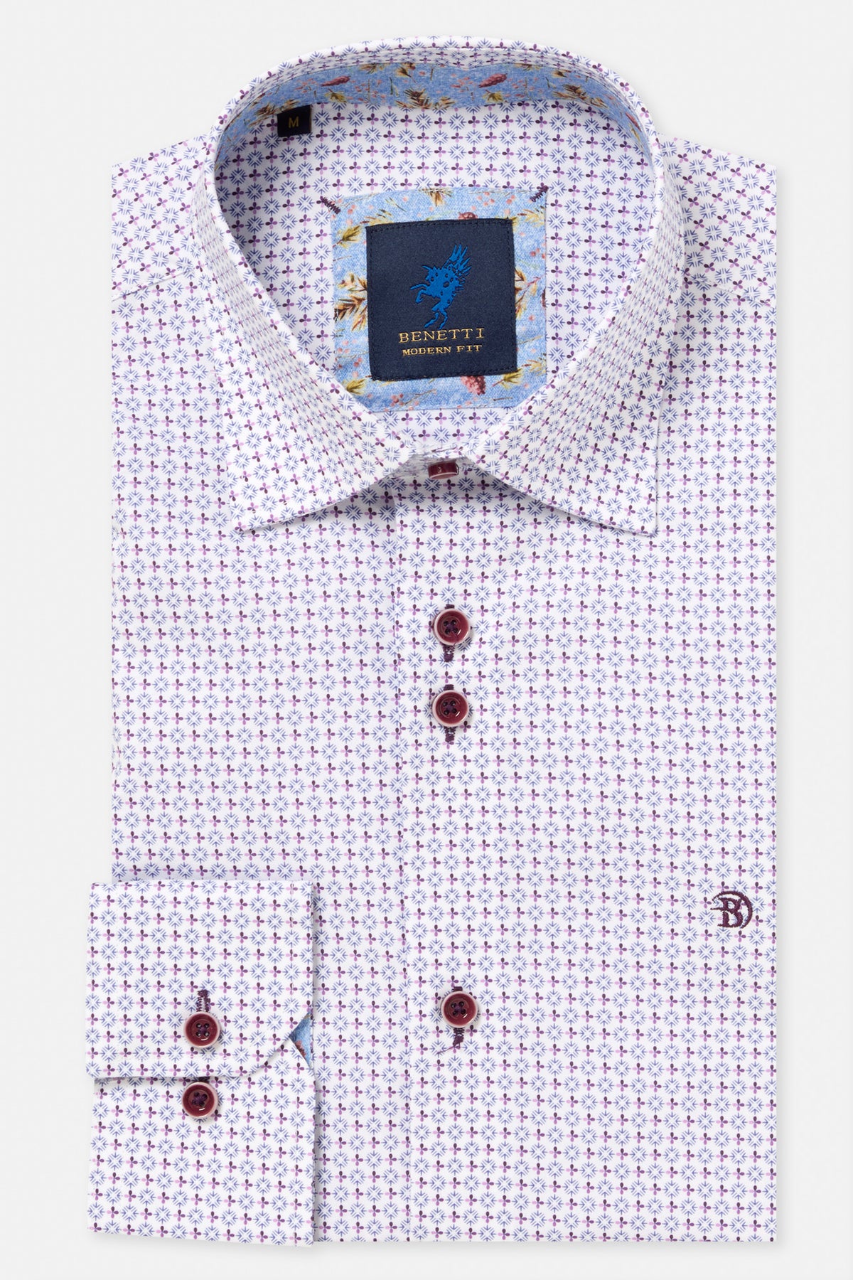 Benetti London Lilac Shirt in LILAC, shown folded with collar, button placket, and patterned print detail visible.