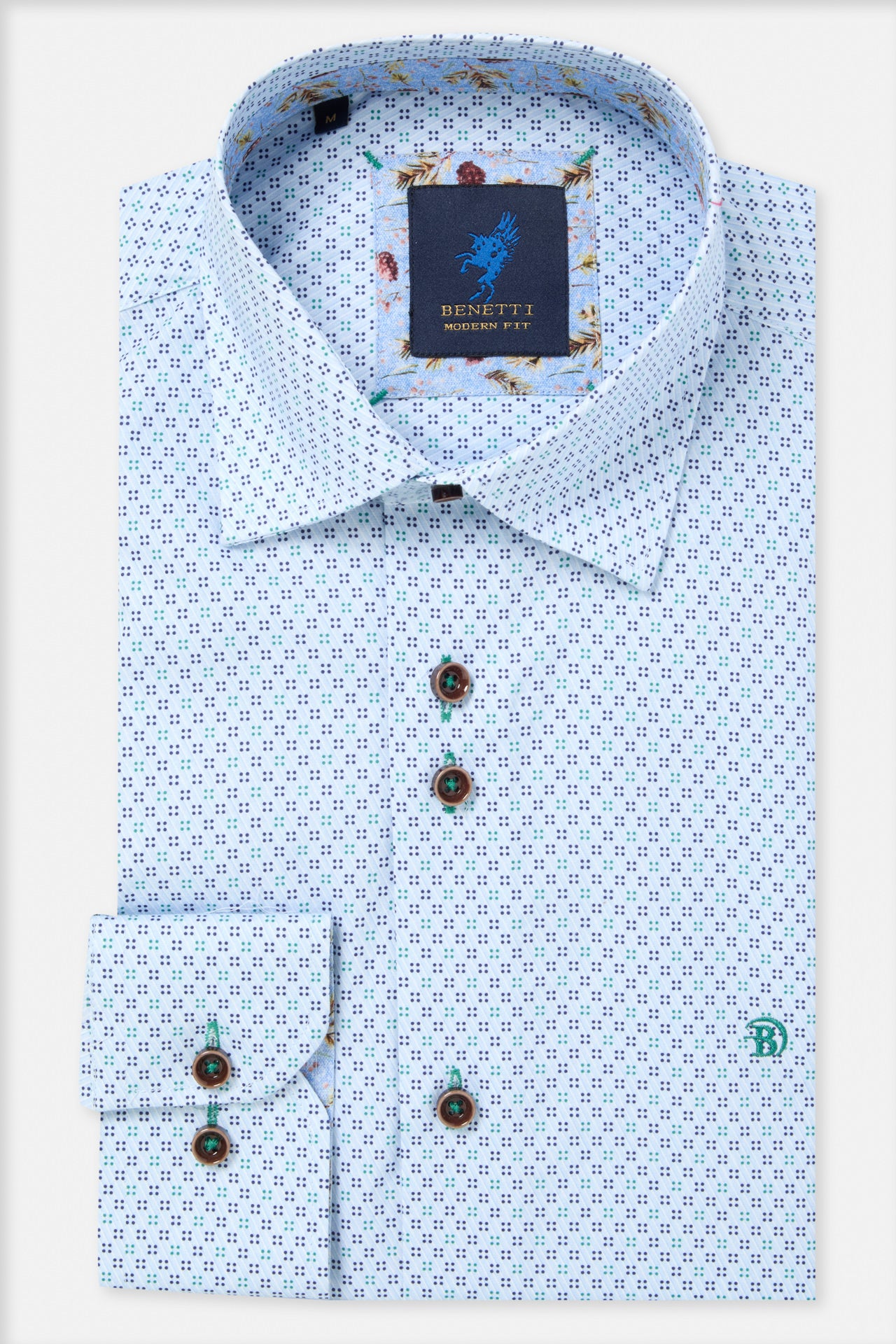 Benetti Tokyo Green long sleeve shirt with small patterned print, shown folded with collar and cuffs visible.