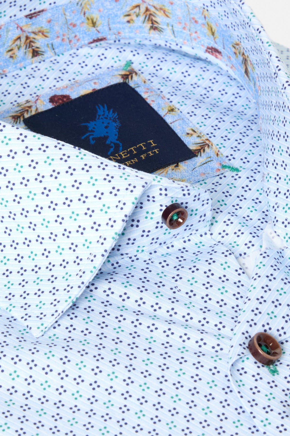 Close-up of a Benetti Tokyo Green Long Sleeve Shirt with a patterned button placket, brown buttons, and inner collar label visible.