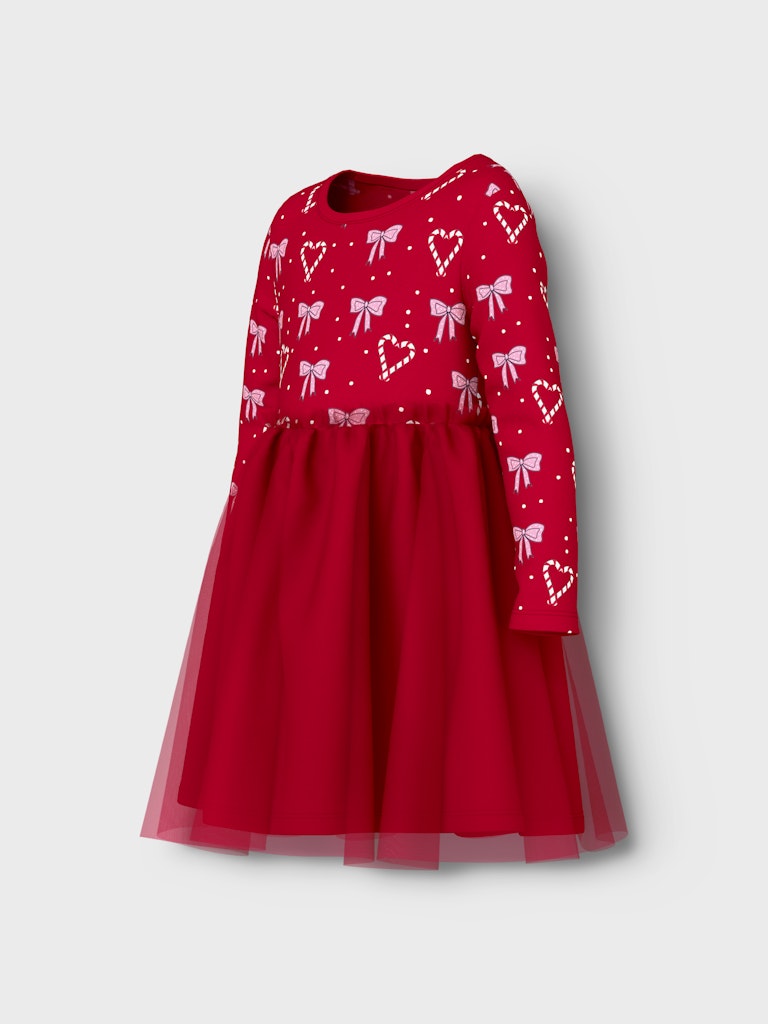 NAME IT Ri Long Sleeve Dress-Jester Red Jester Red model front view