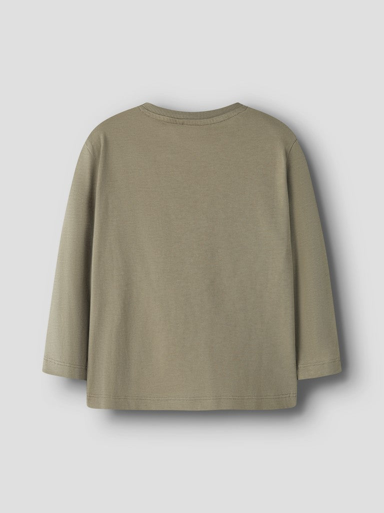 A long-sleeve crewneck t-shirt in a muted sage green color, shown from the back against a light gray background.