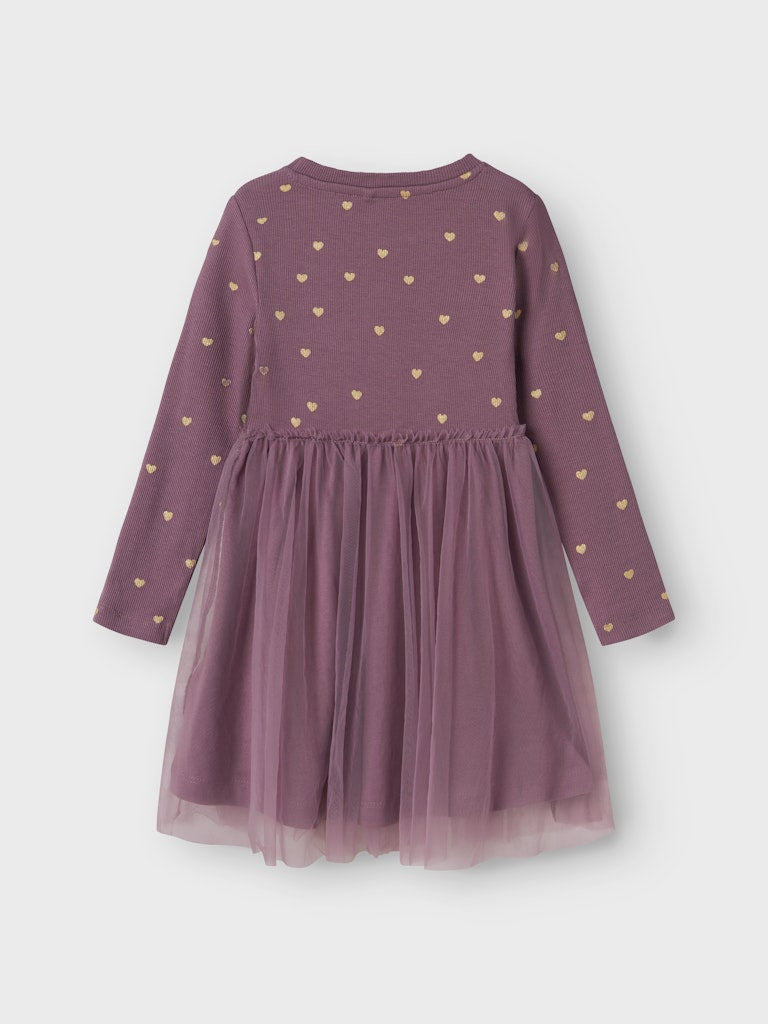 Purple dress with gold heart patterns on a light gray background