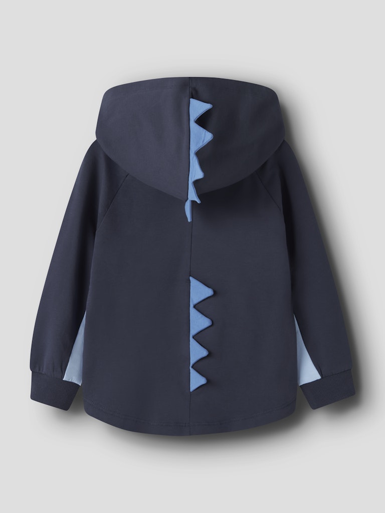 Navy blue hoodie with shark fin design on a light gray background