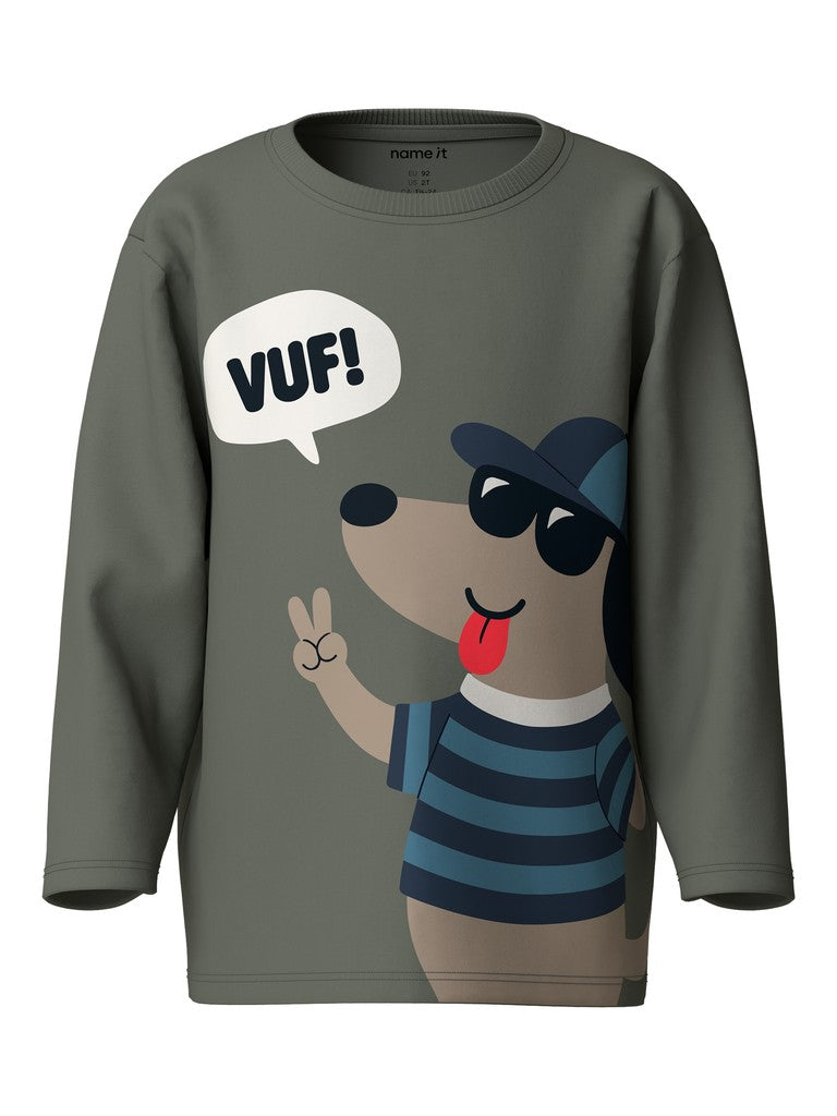 A dark gray long-sleeve crewneck sweatshirt featuring a cartoon graphic of a dog wearing sunglasses and a striped shirt with a speech bubble that says 'VUF!'.
