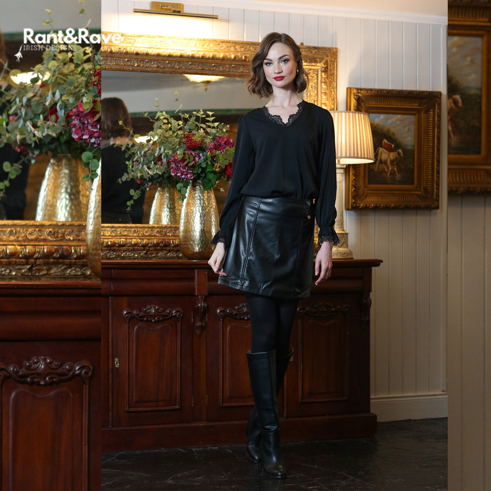 Ladies Oakley Black Top Matched with Elssa Leather Look Skirt - Full View