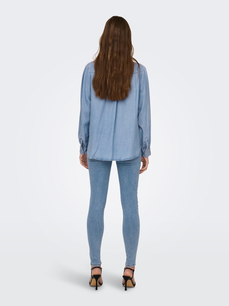 Ladies Hyacinth Long Sleeve Denim Shirt-Light Blue Denim-Model Back View
