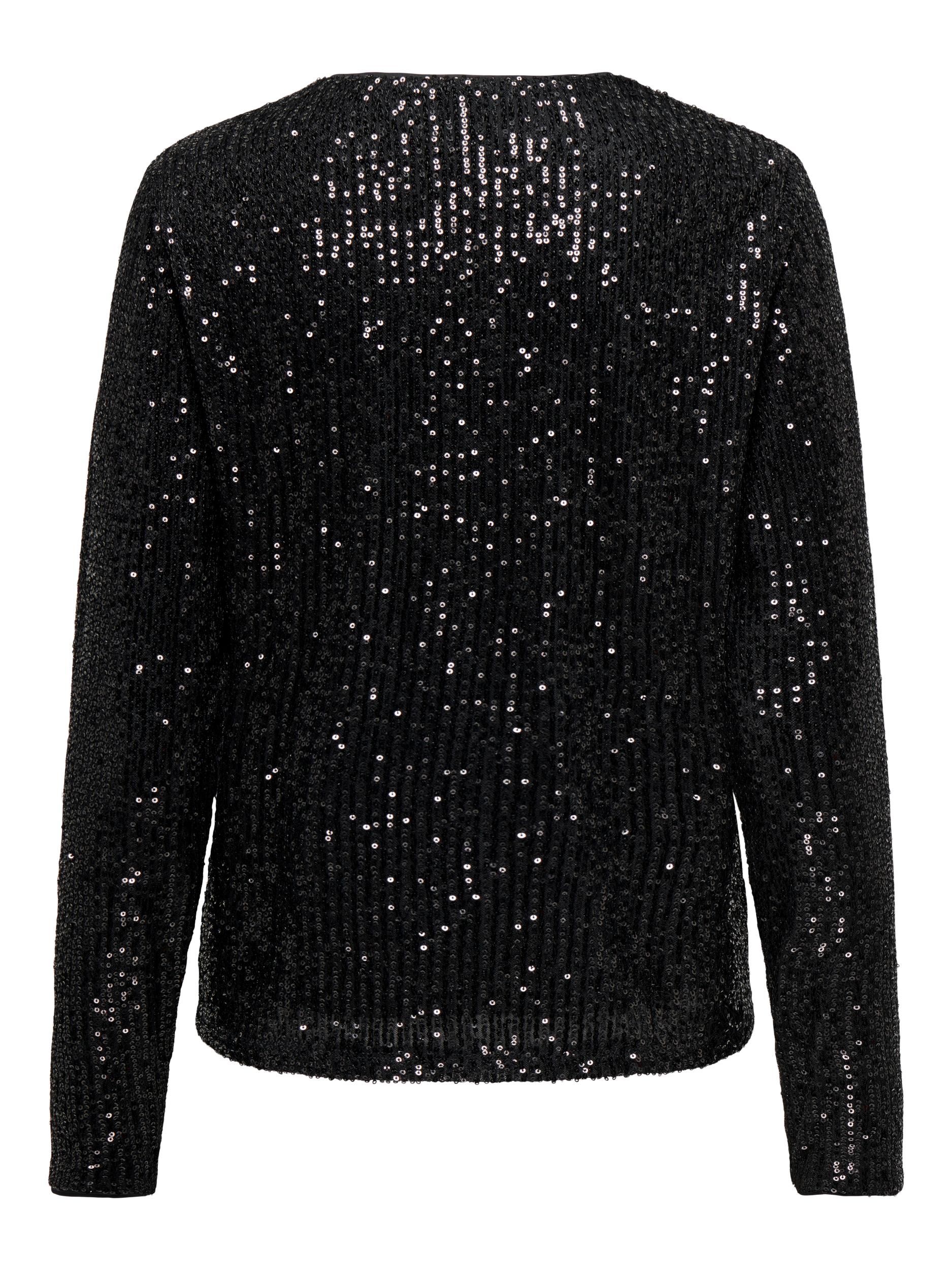 Ladies Sequins Long Sleeve V-Neck Top-Black-Back View
