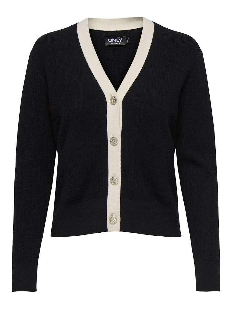 ONLY Classy Long Sleeve V-Neck Knit Cardigan-Black Black/White model front view